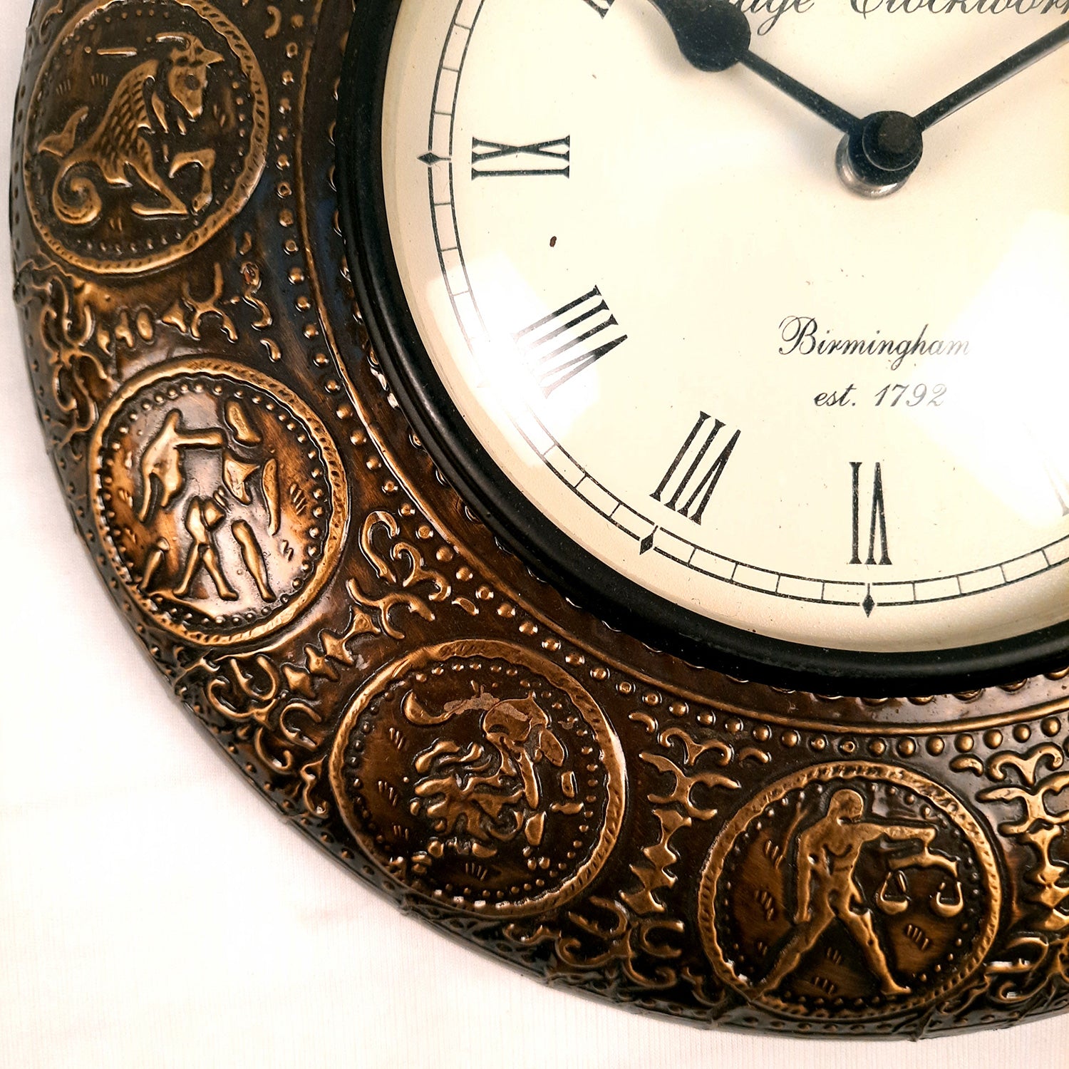 Wall Clock | Antique Clock Wall Mount With Zodiac Signs Design - For Home, Living Room, Bedroom, Office, Hall Decoration & Gift - 12 Inch - Apkamart