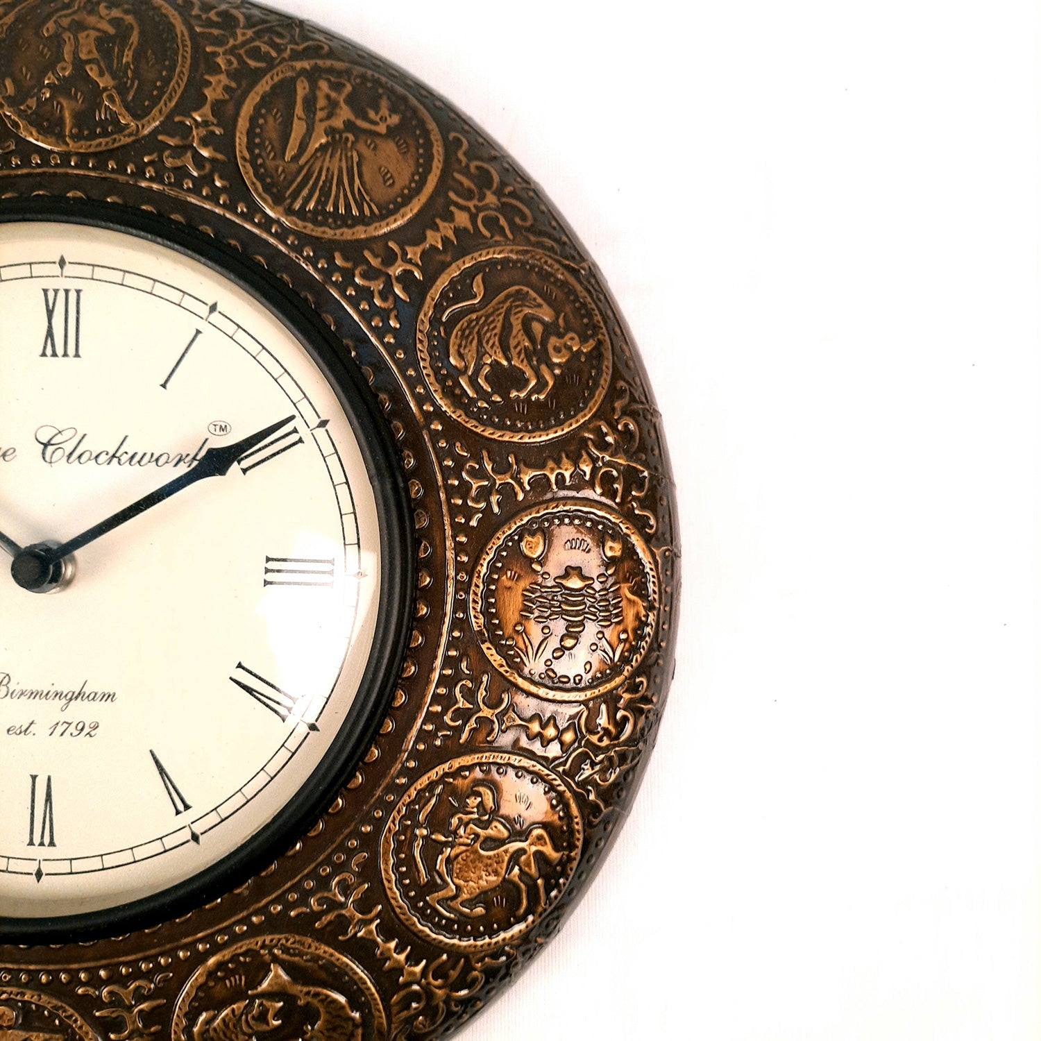 Wall Clock | Antique Clock Wall Mount With Premium Wood Finish & Brass Work | Zodiac Sign Design - For Home, Living Room, Bedroom, Office & Hall Decoration | Wedding & Housewarming Gift - 12 Inch