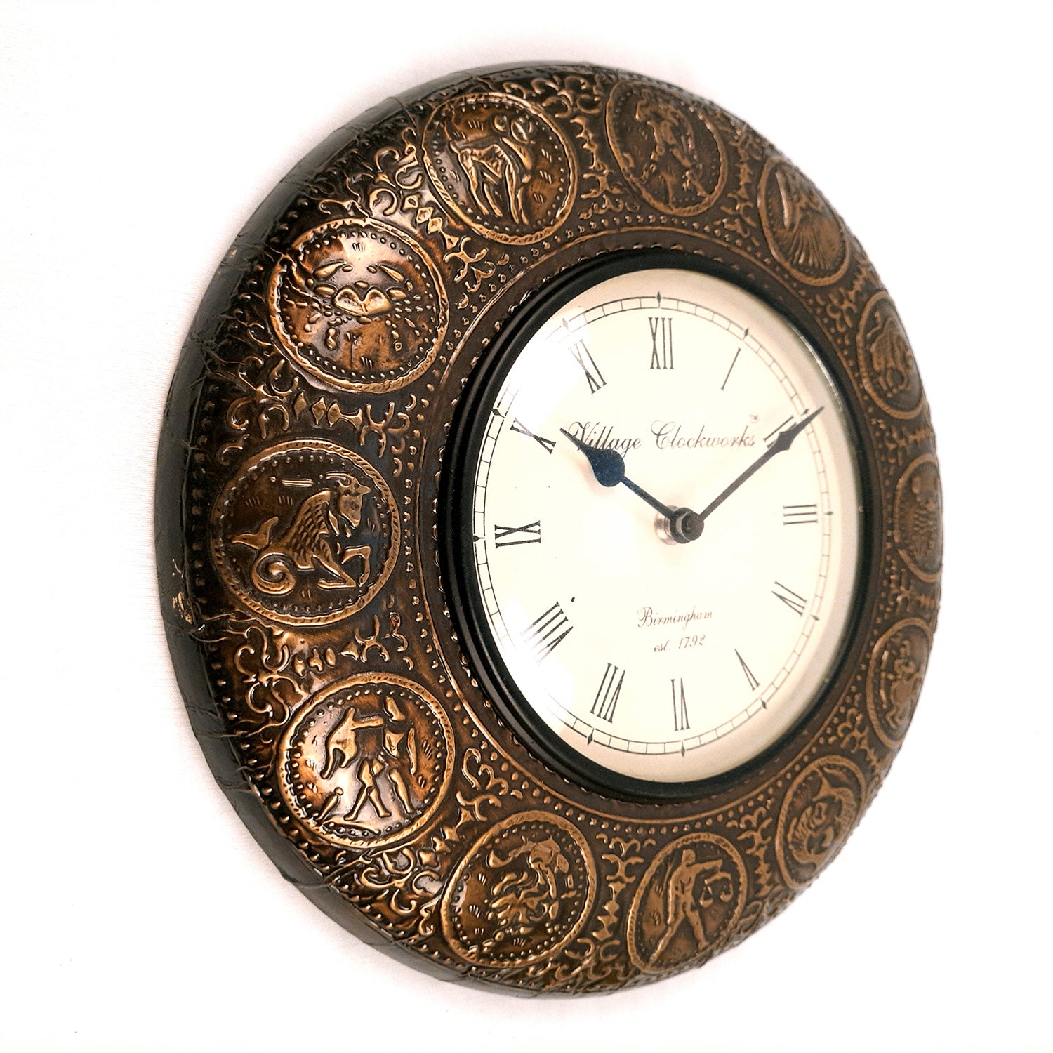 Wall Clock | Antique Clock Wall Mount With Zodiac Signs Design - For Home, Living Room, Bedroom, Office, Hall Decoration & Gift - 12 Inch - Apkamart