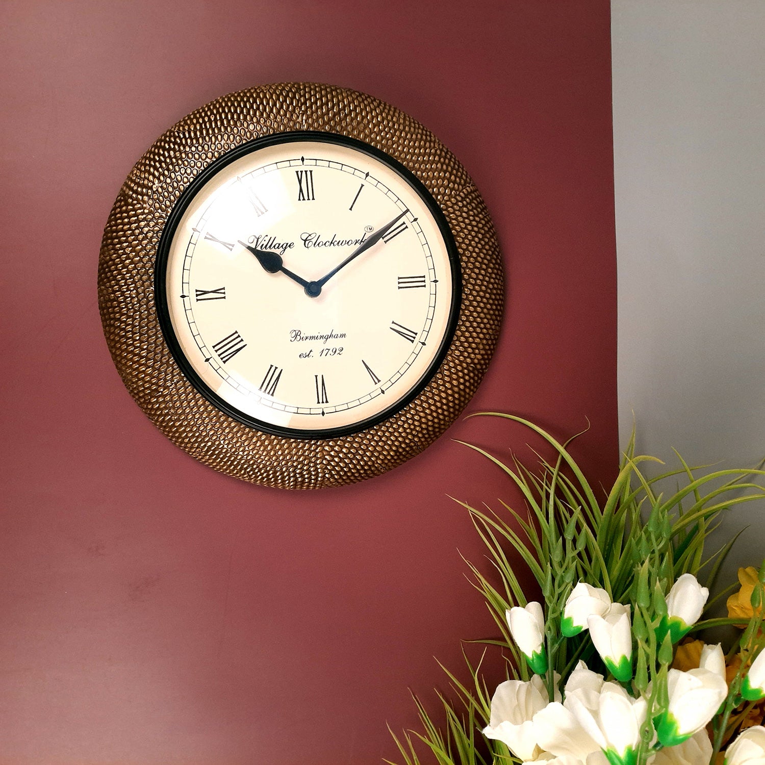 Wall Clock With Antique Brass Work | Wall Mount Analogue Clock - For Home, Living Room, Bedroom, Hall Decor | Festivals & Housewarming Gift -12 inch - Apkamart