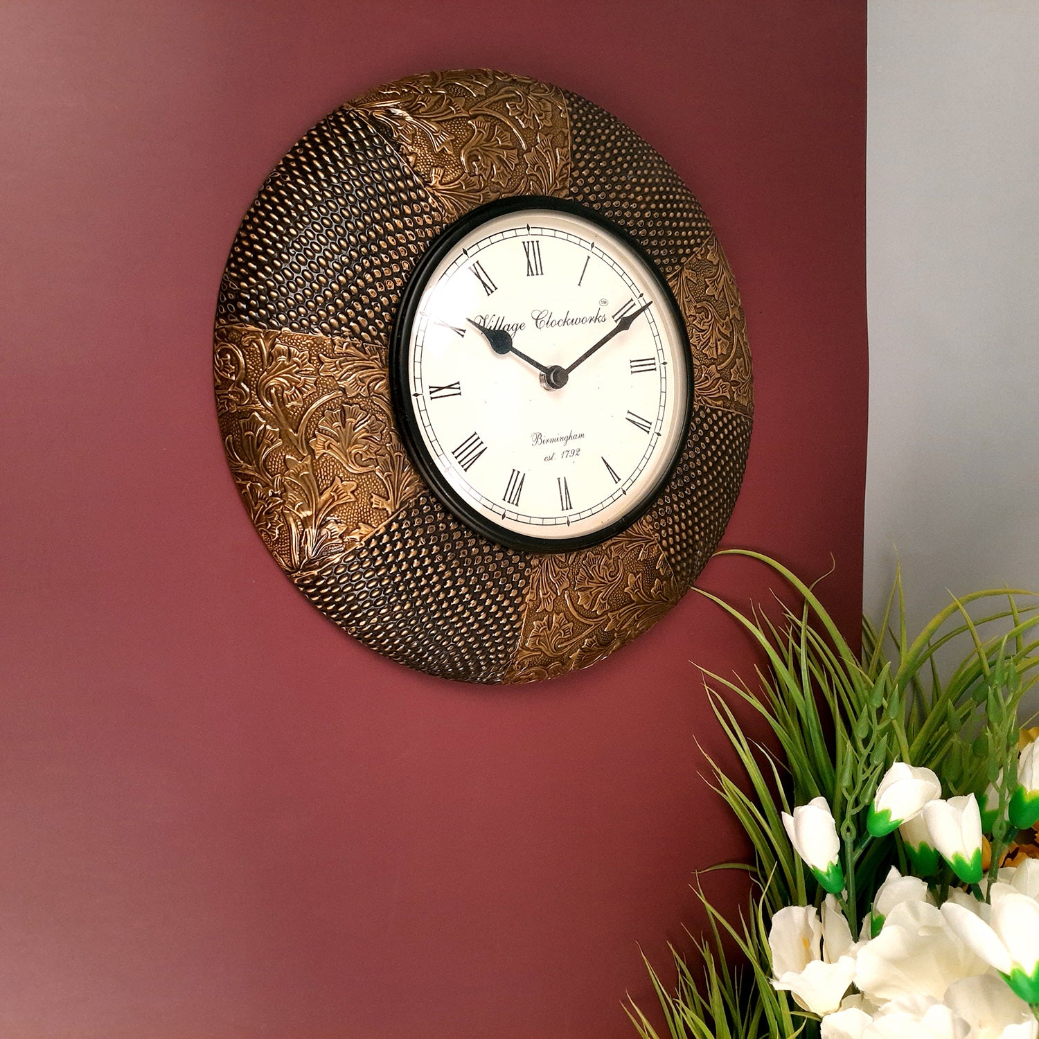 Wall Clock for Home | Wall Mount Analogue Clock With Antique Brass Work - For Living Room, Bedroom, Hall, Office Decor & Gift - 12 Inch