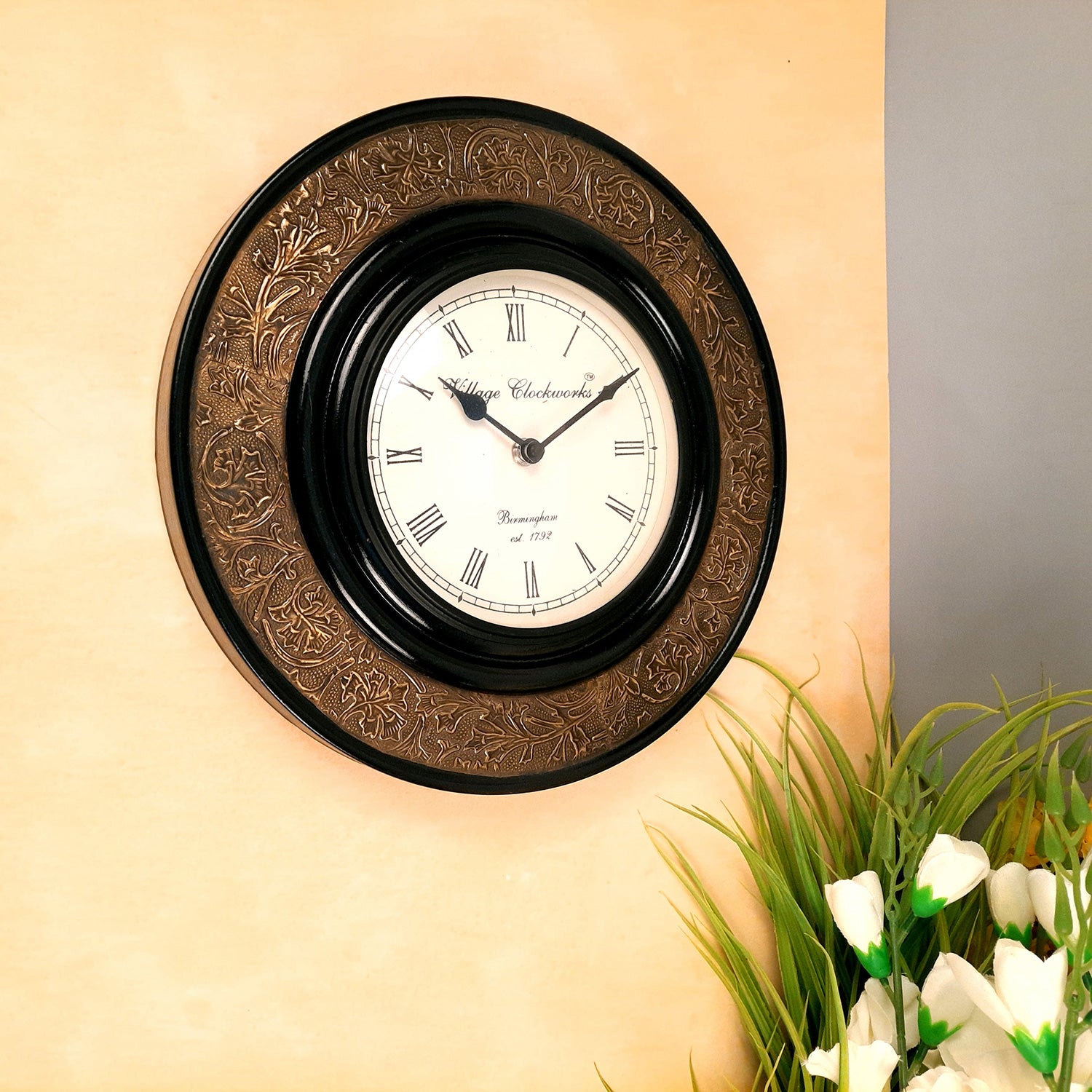 Wall Clock | Wall Mount Analogue Clock With Antique Brass Work - For Home, Living Room, Bedroom, Hall Decor | Wedding & Housewarming Gift - 12 Inch - Apkamart