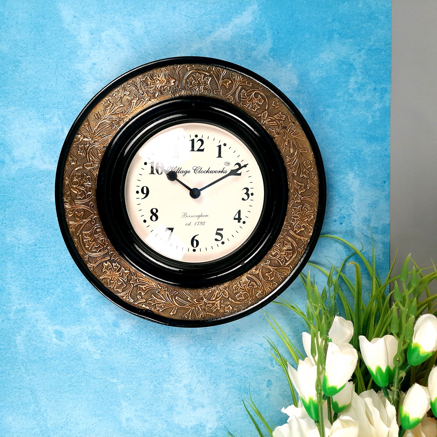 Wall Clock Vintage | Clock Wall Mount With Brass Work- For Home, Living Room, Bedroom, Office, Hall Decoration & Gift - 12 inch - Apkamart