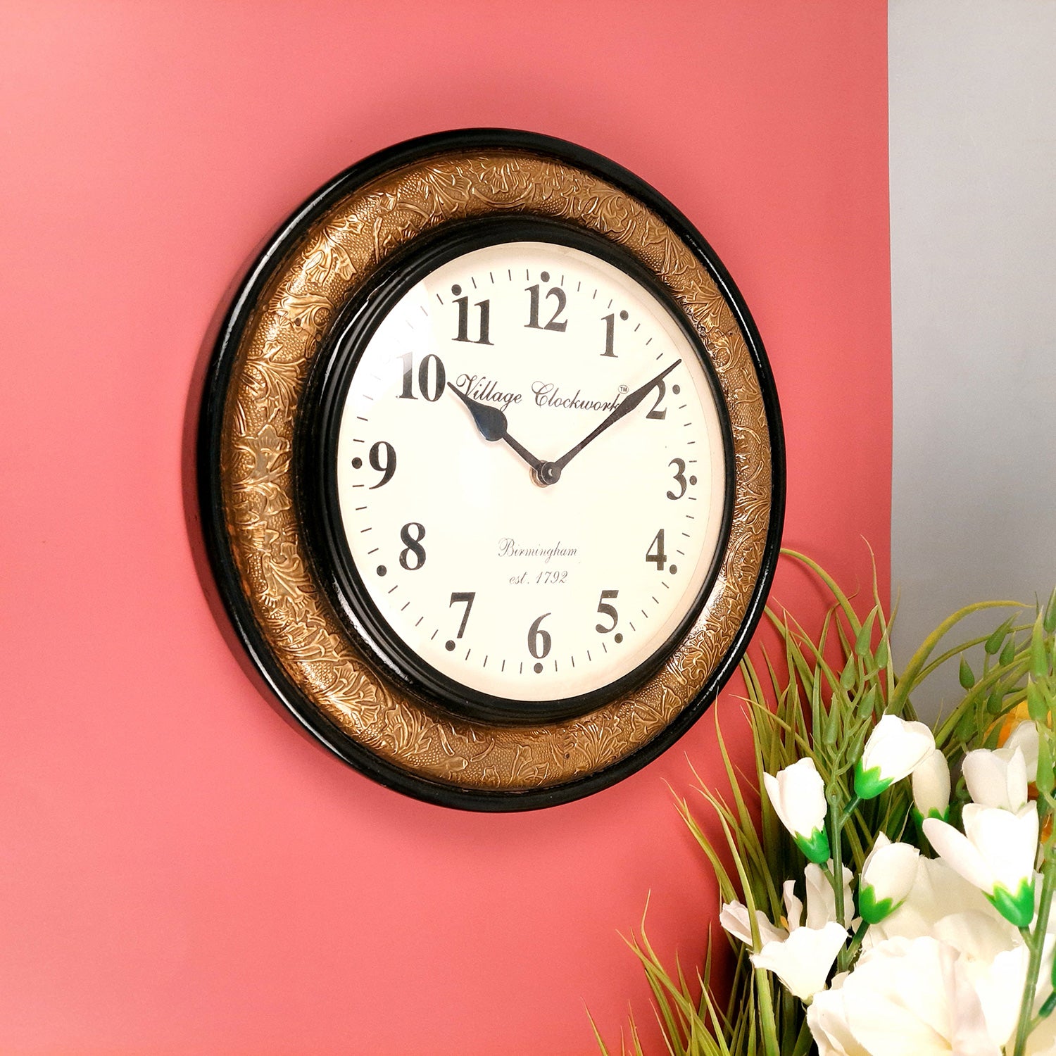 Wall Clock | Antique Clock Wall Mount With Premium Wood Finish & Brass Work - For Home, Living Room, Bedroom, Office & Hall Decoration | Wedding & Housewarming Gift - 12 inch - Apkamart