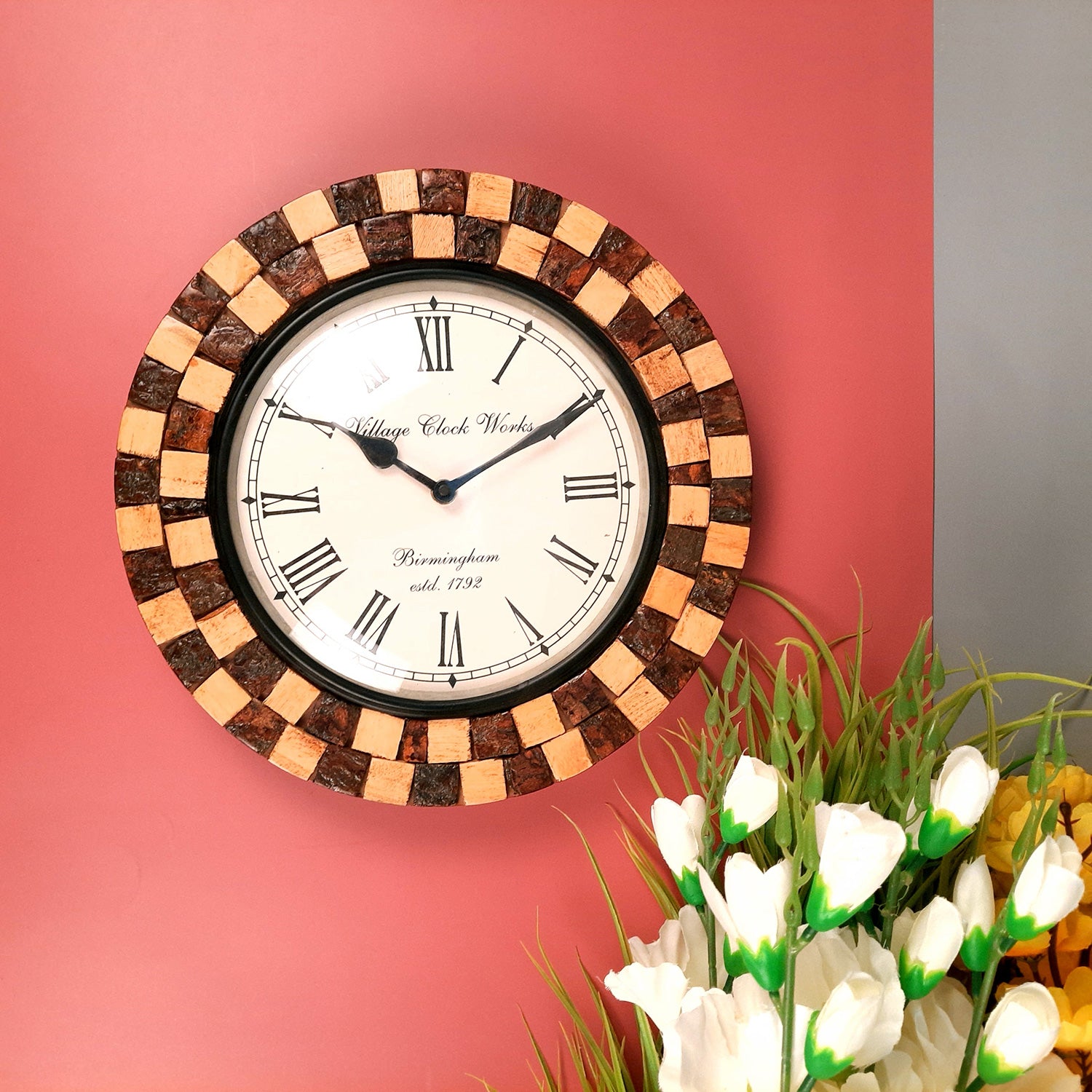 Wall Clock Wooden | Wall Mount Analogue Clock With Premium Wood Finish & Brass Work - For Home, Living Room, Bedroom, Hall Decor | Wedding & Housewarming Gift - 12 Inch