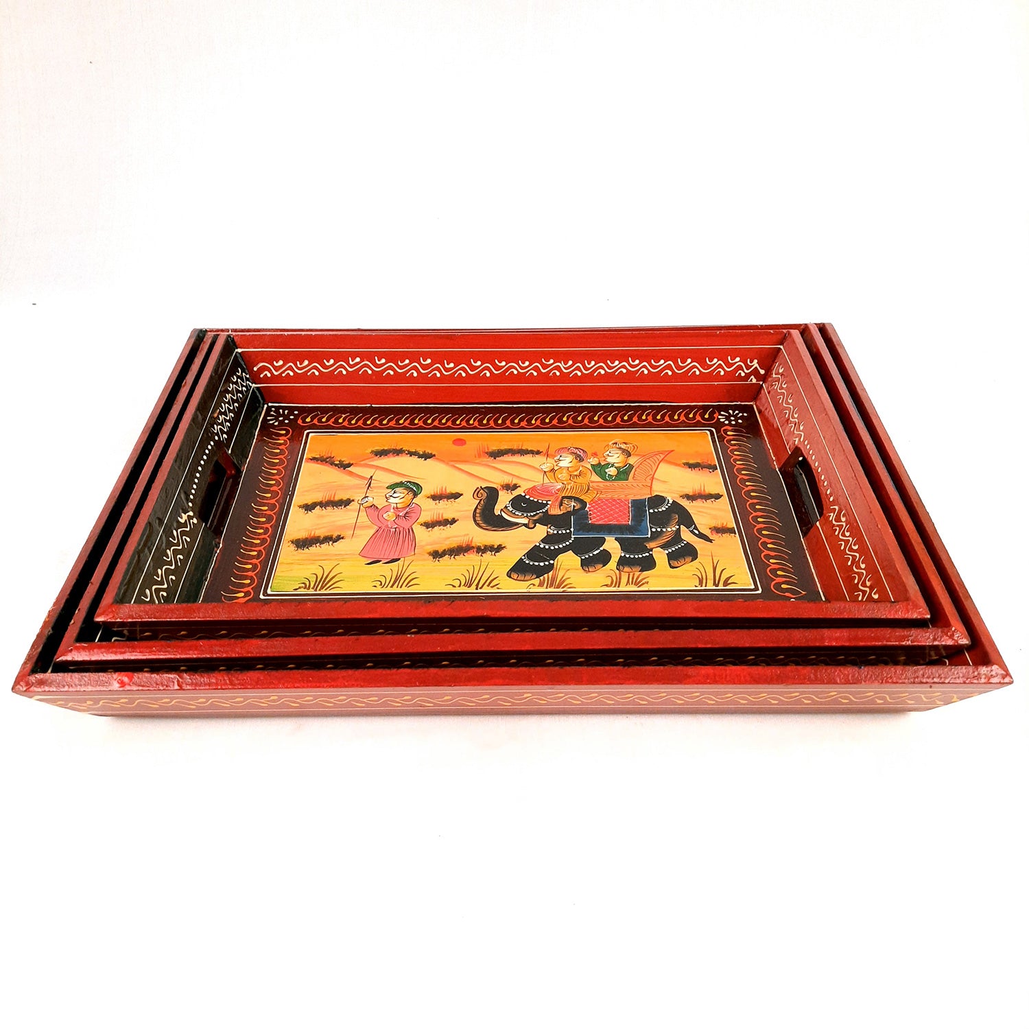 Serving Tray Set | Wooden Tea Tray | Serving Platter - For Dining & Serving, Home, Table, Kitchen Decor - Set of 3 - Apkamart