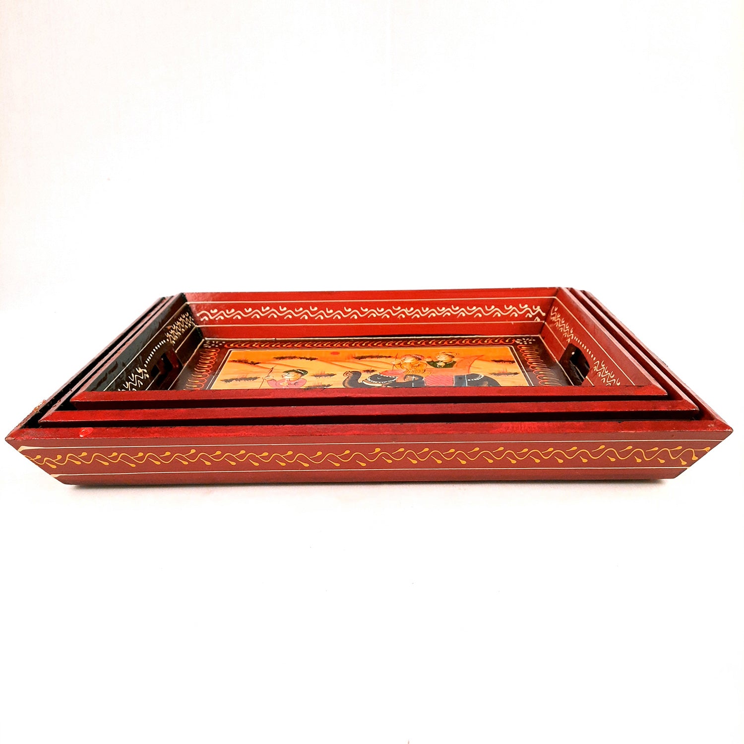 Serving Tray Set | Wooden Tea Tray | Serving Platter - For Dining & Serving, Home, Table, Kitchen Decor - Set of 3 - Apkamart