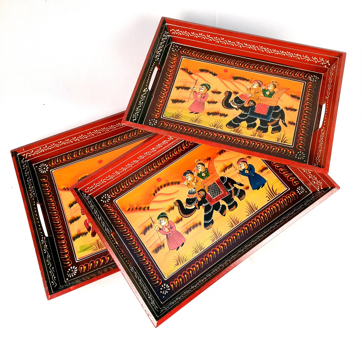 Serving Tray Set | Wooden Tea Tray | Serving Platter - For Dining & Serving, Home, Table, Kitchen Decor - Set of 3 - Apkamart