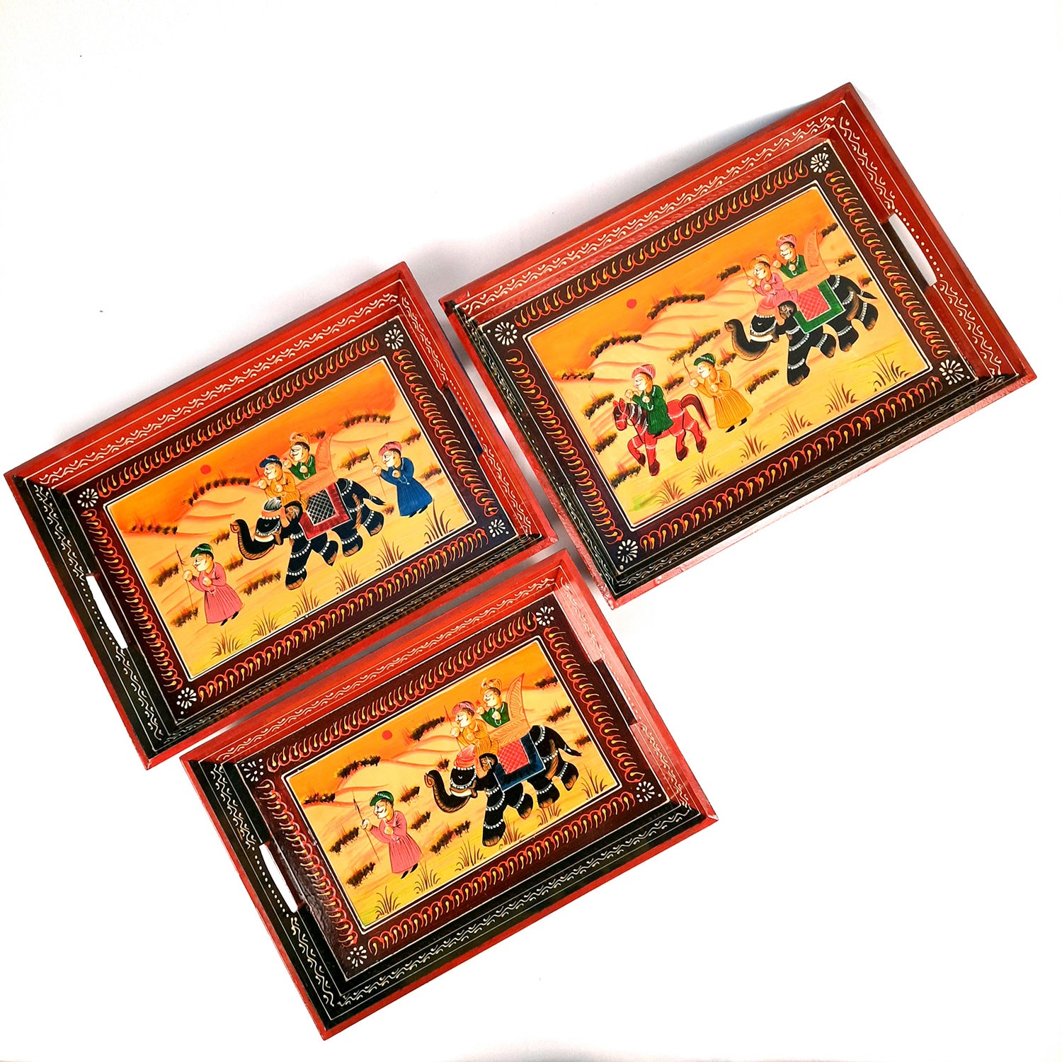 Serving Tray Set | Wooden Tea Tray | Serving Platter - For Dining & Serving, Home, Table, Kitchen Decor - Set of 3 - Apkamart