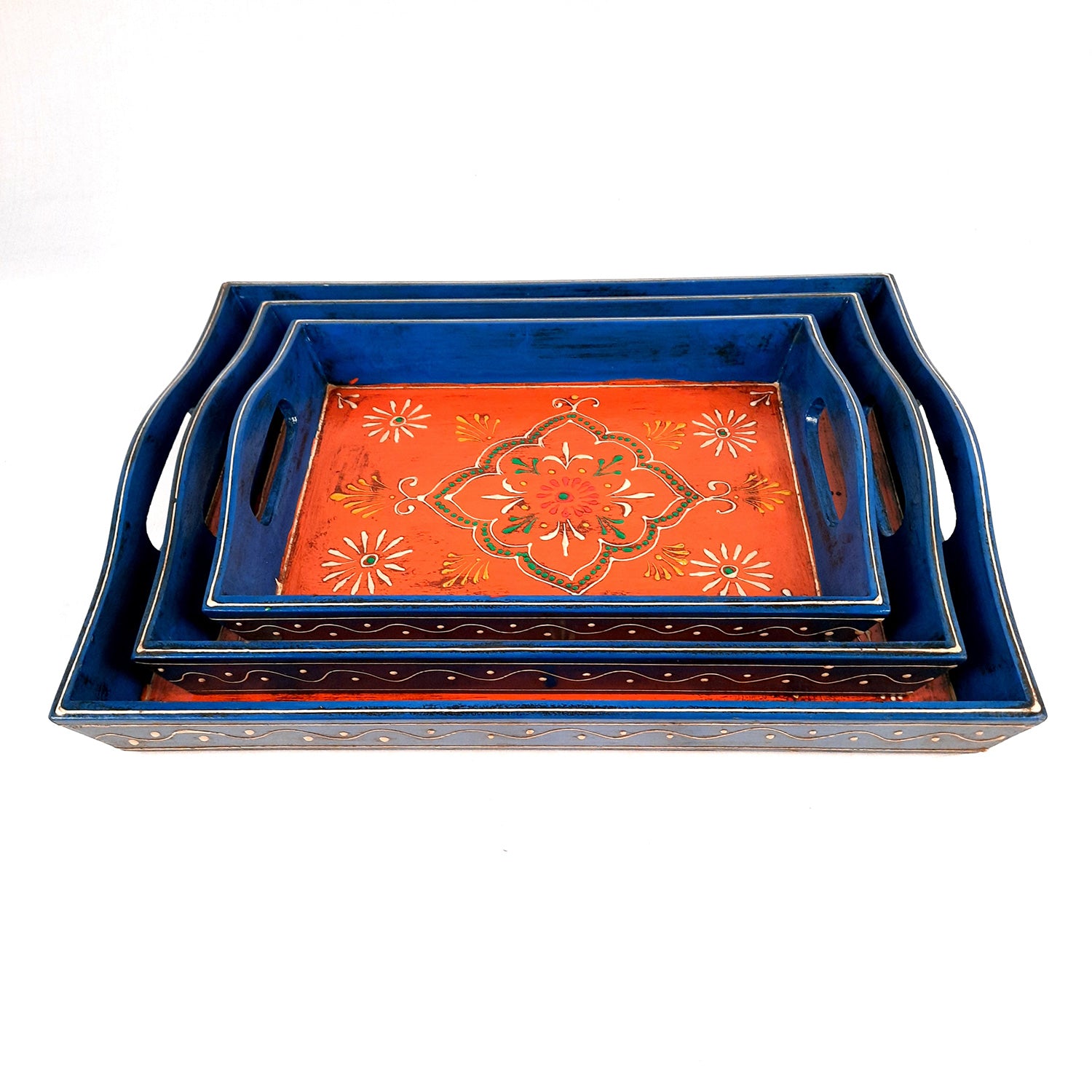 Wooden Tray Set | Serving Trays for Tea, Coffee & Snacks - for Home, Dining Table Organization, Kitchen & Gifts - Set of 3 (Wood, Multicolor) - Apkamart #Style_Design 2