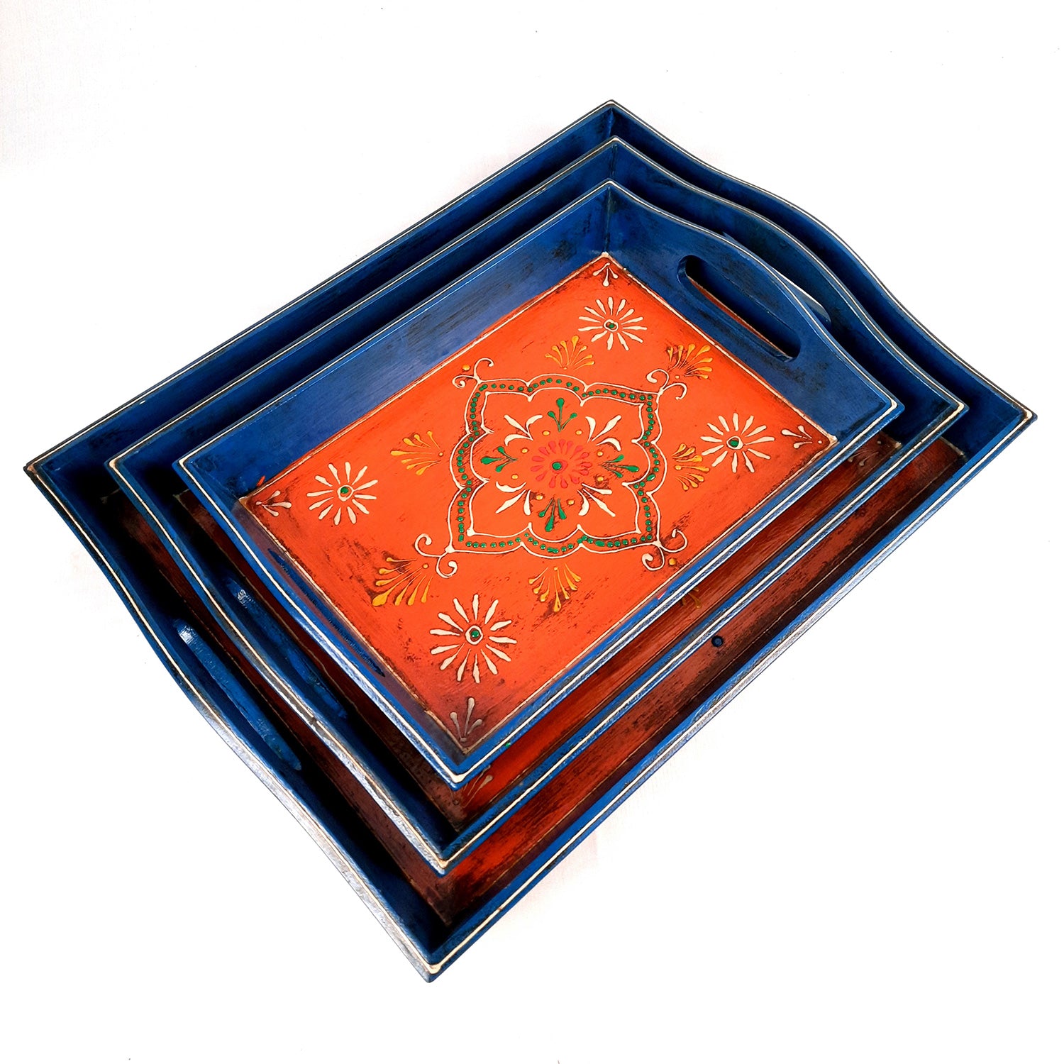 Wooden Tray Set | Serving Trays for Tea, Coffee & Snacks - for Home, Dining Table Organization, Kitchen & Gifts - Set of 3 (Wood, Multicolor) - Apkamart #Style_Design 2