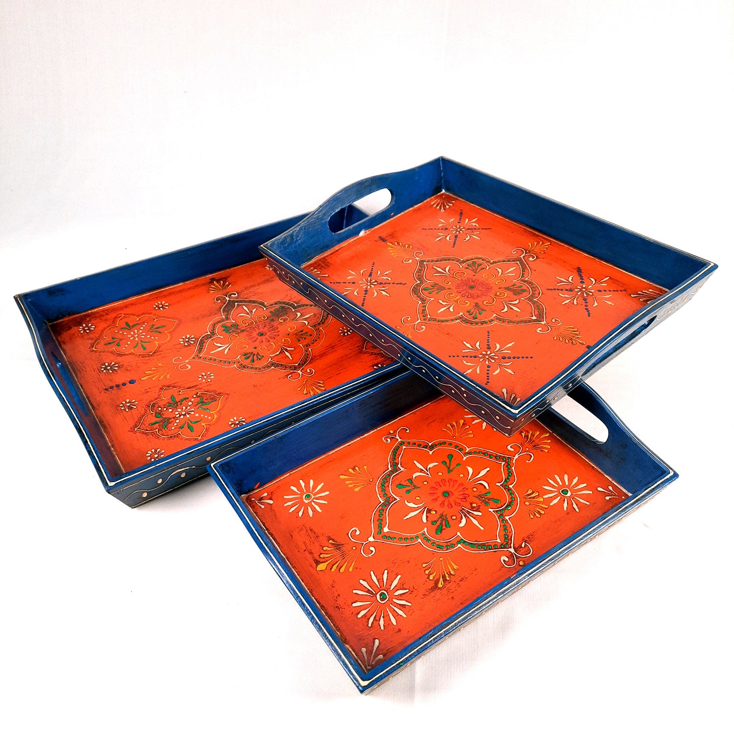 Wooden Tray Set | Serving Trays for Tea, Coffee & Snacks - for Home, Dining Table Organization, Kitchen & Gifts - Set of 3 (Wood, Multicolor) - Apkamart #Style_Design 2