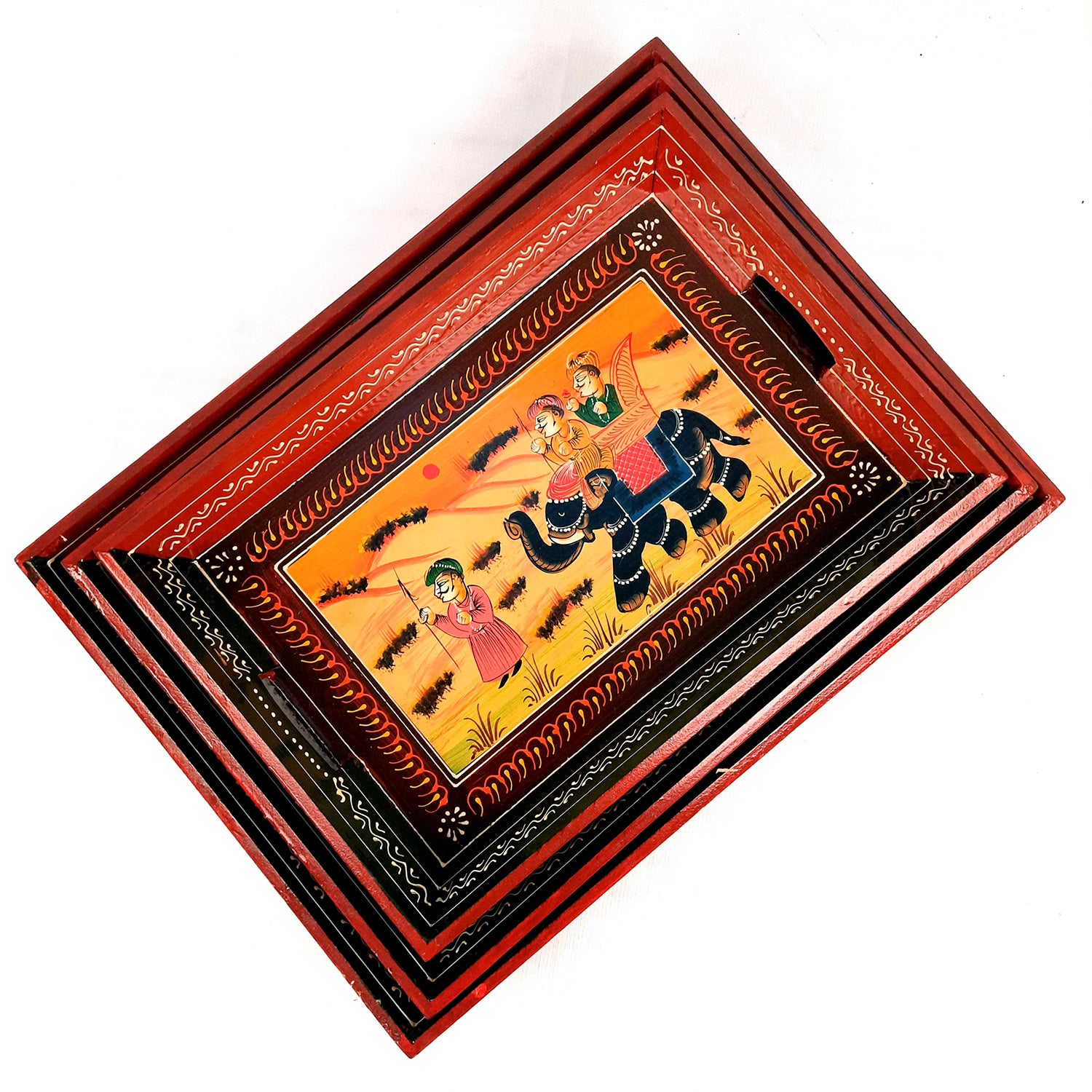 Serving Tray Set | Wooden Tea Tray | Serving Platter - For Dining & Serving, Home, Table, Kitchen Decor - Set of 3 - Apkamart