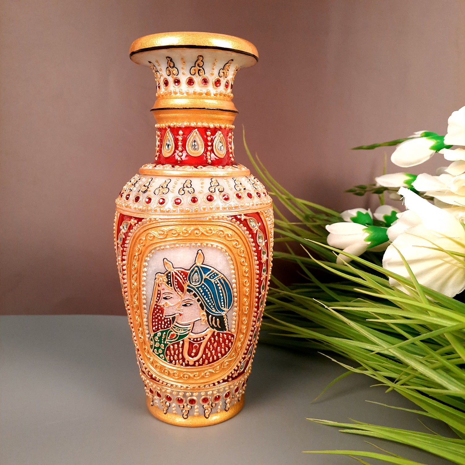 Flower Pot | Decorative Marble Vases - For Home, Table Decor, Living Room, Side Table Decoration, Office & Gift - 9 Inch - Apkamart