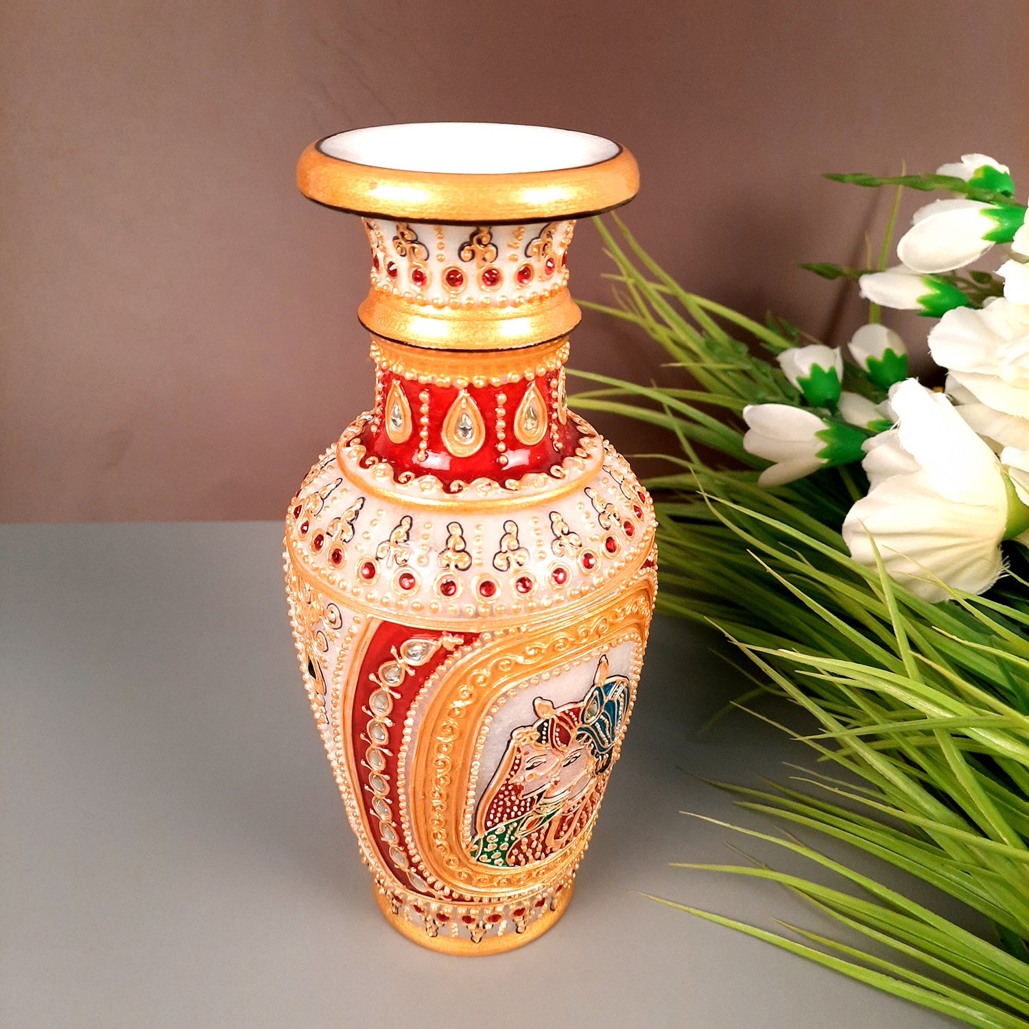 Flower Pot | Decorative Marble Vases - For Home, Table Decor, Living Room, Side Table Decoration, Office & Gift - 9 Inch - Apkamart