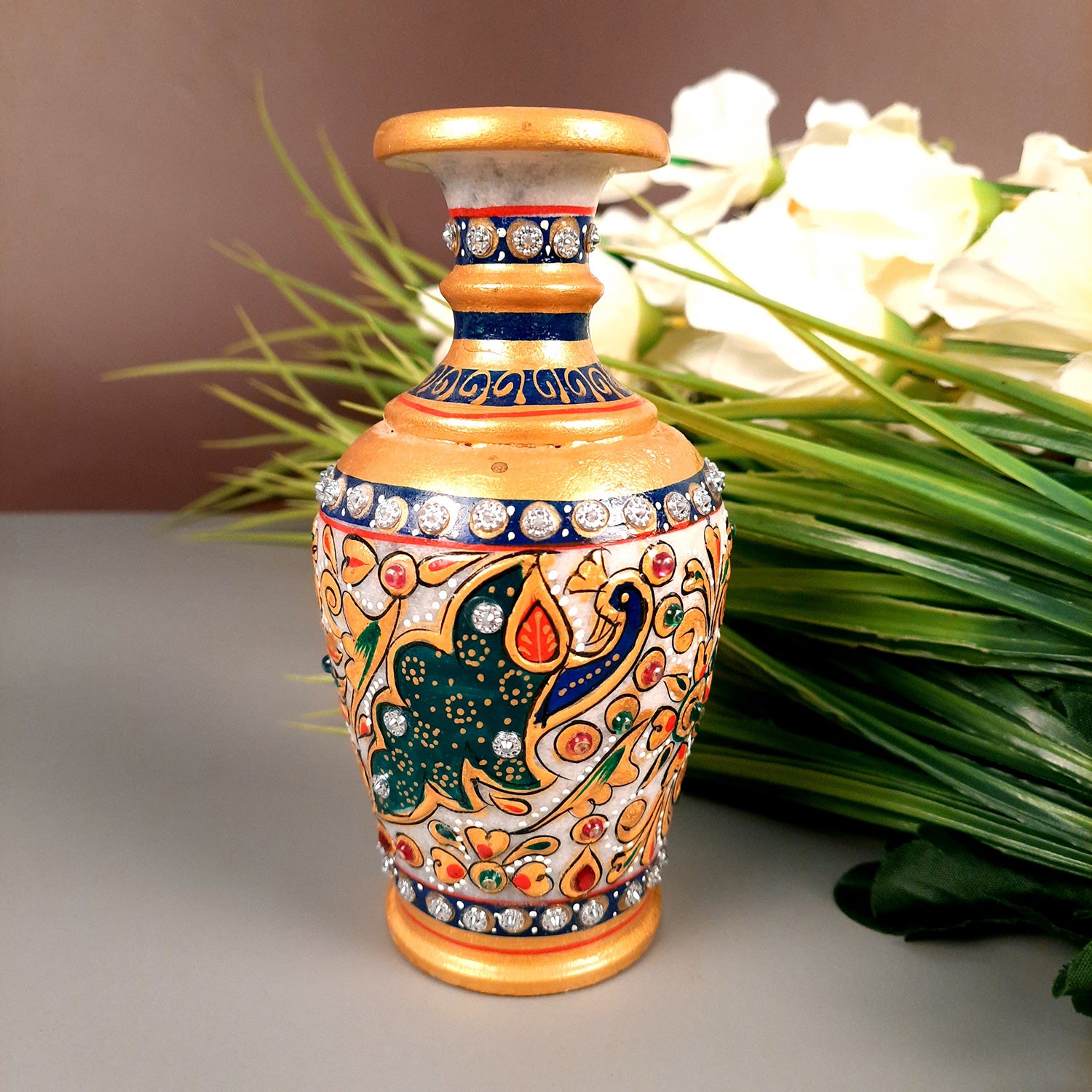  Indian Rajasthani Marble Antique Gold Embossed Flower Vase with  Kundan Work/Decor. : Home & Kitchen