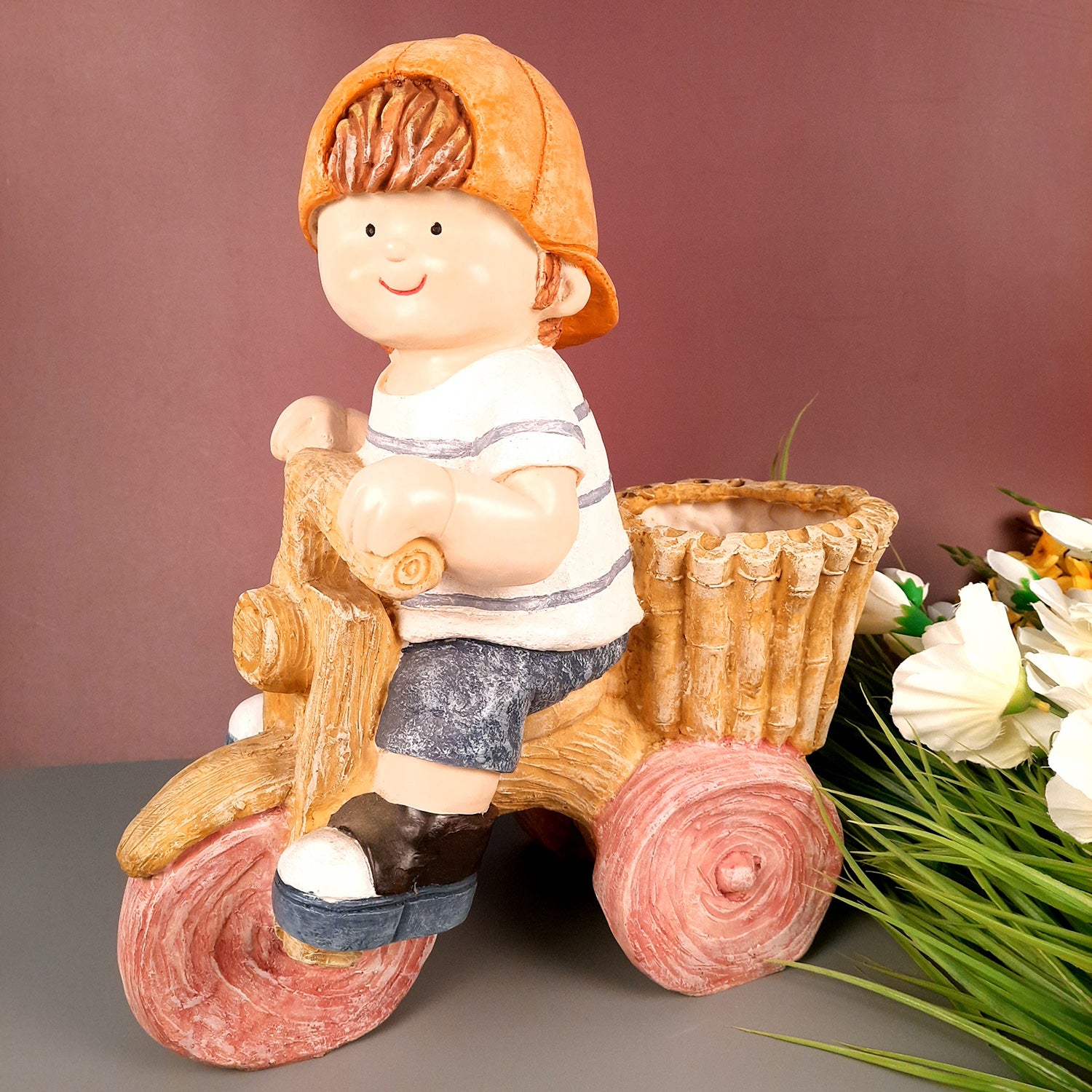 Ceramic Vase | Showpiece Cum Planter - Boy Sitting On Cycle Design - For Home, Living Room, Table Decor & Gift - 16 Inch - Apkamart