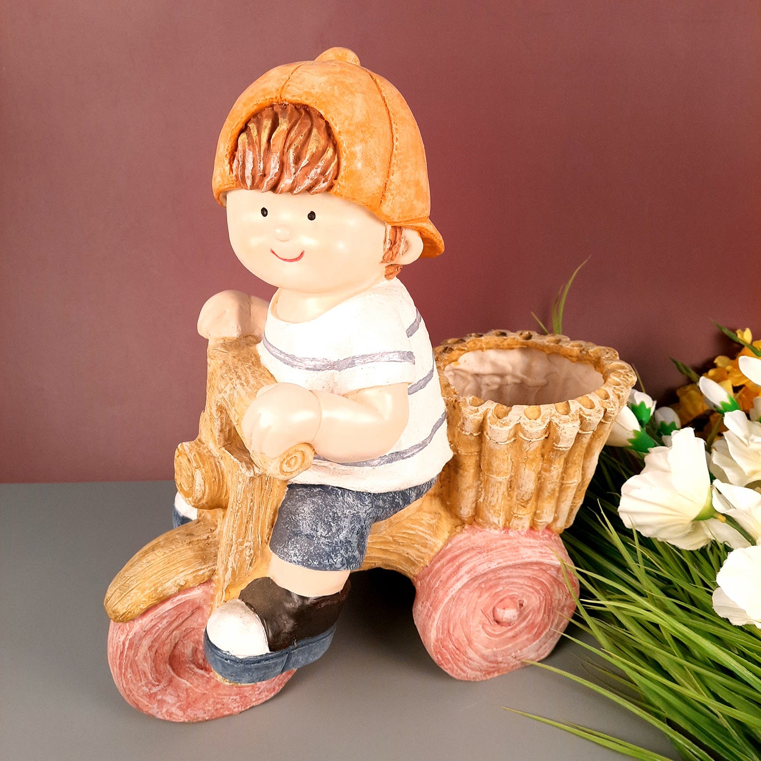 Ceramic Vase | Showpiece Cum Planter - Boy Sitting On Cycle Design - For Home, Living Room, Table Decor & Gift - 16 Inch - Apkamart