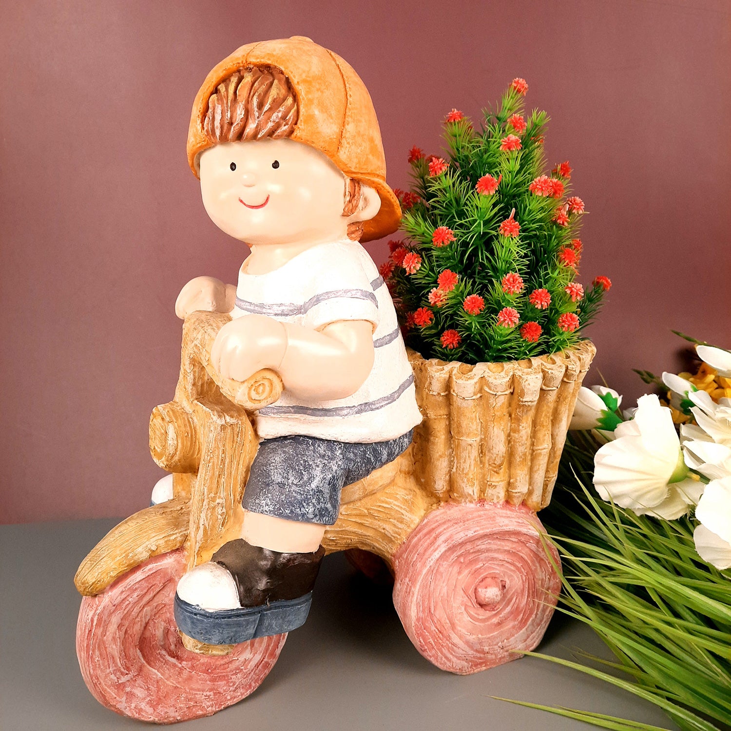 Ceramic Vase | Showpiece Cum Planter - Boy Sitting On Cycle Design - For Home, Living Room, Table Decor & Gift - 16 Inch - Apkamart