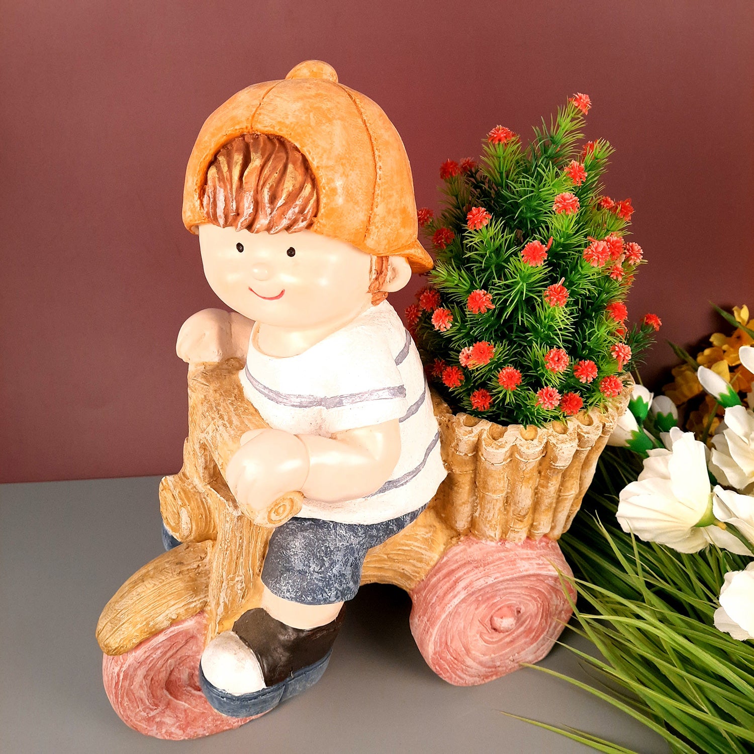 Ceramic Vase | Showpiece Cum Planter - Boy Sitting On Cycle Design - For Home, Living Room, Table Decor & Gift - 16 Inch - Apkamart
