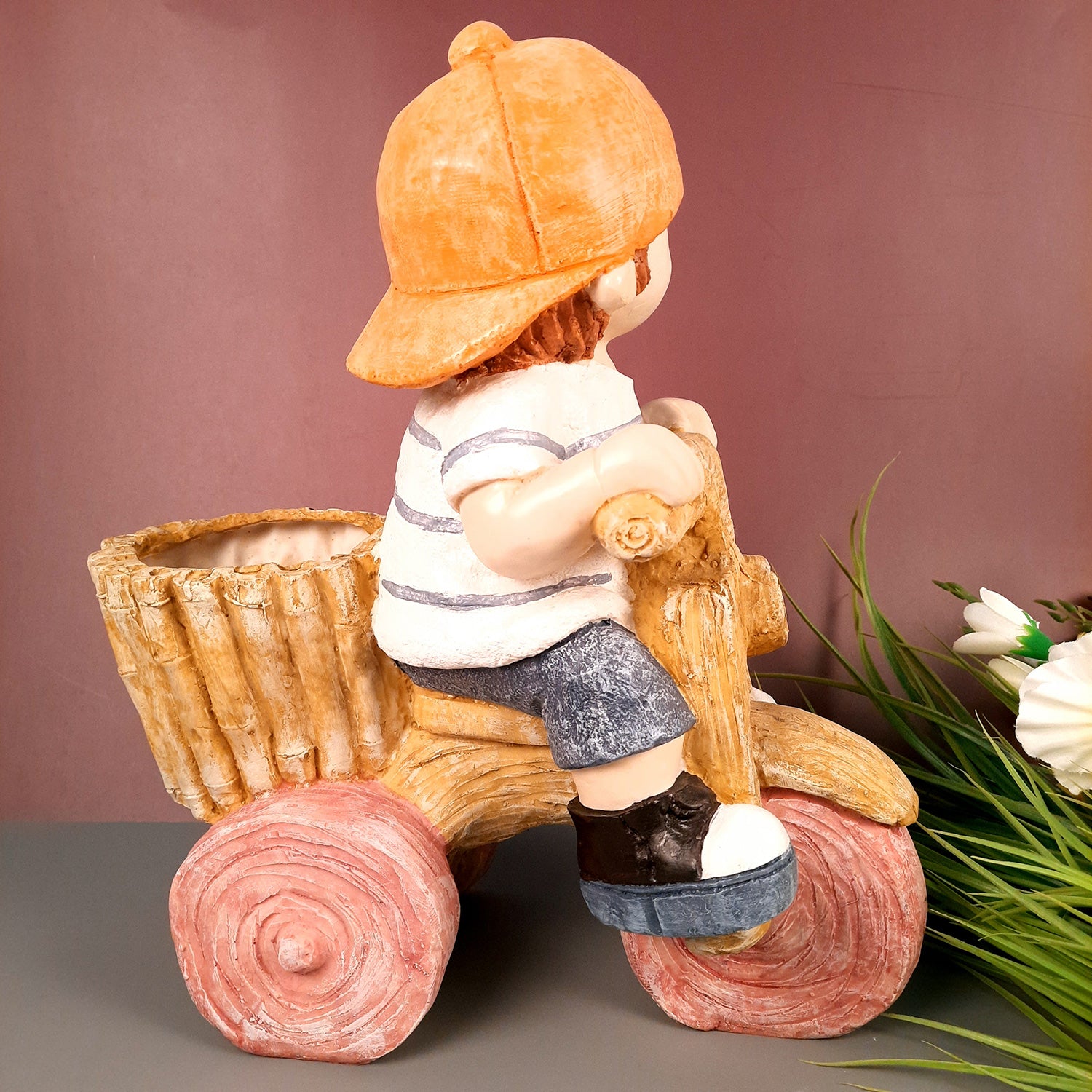 Ceramic Vase | Showpiece Cum Planter - Boy Sitting On Cycle Design - For Home, Living Room, Table Decor & Gift - 16 Inch - Apkamart