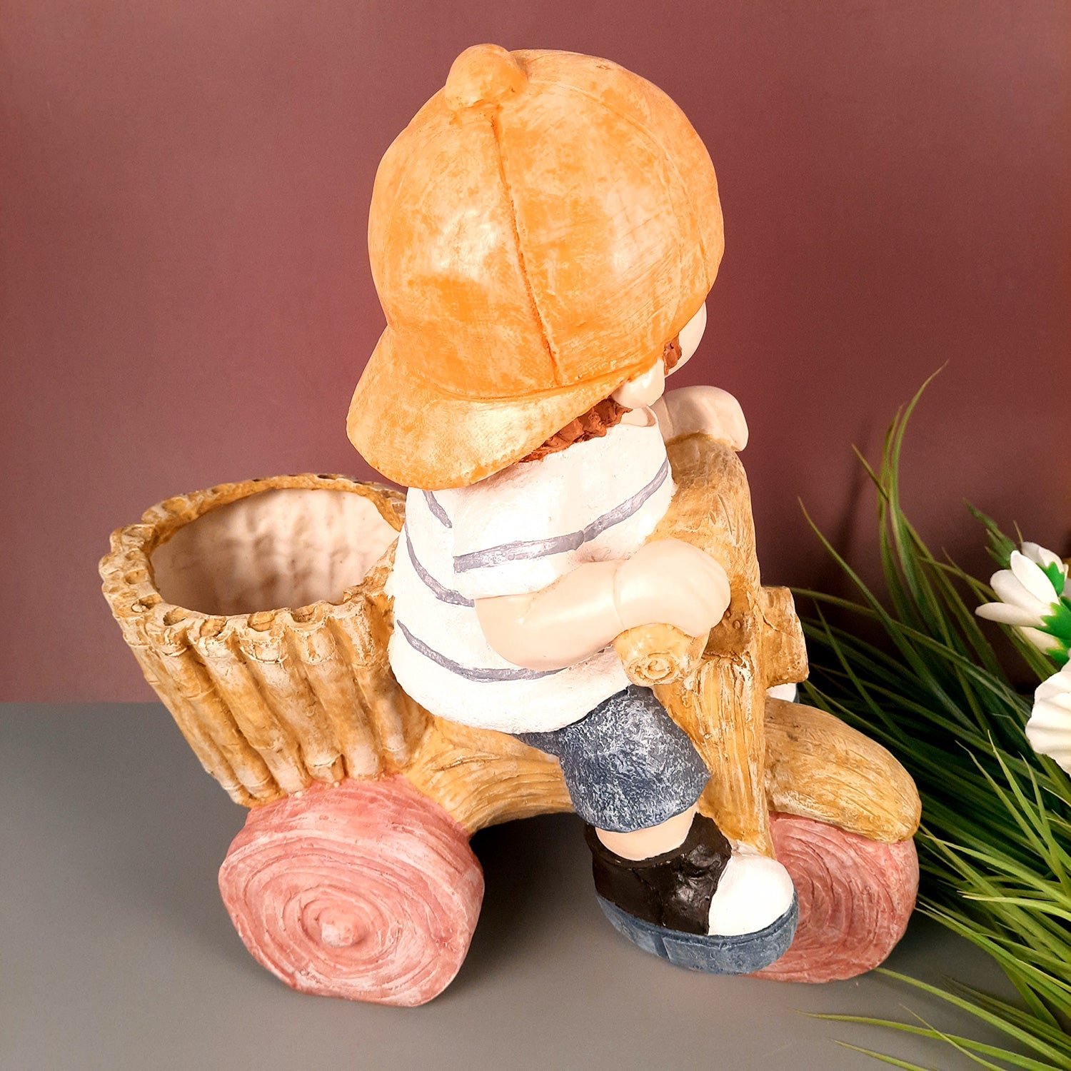 Ceramic Vase | Showpiece Cum Planter - Boy Sitting On Cycle Design - For Home, Living Room, Table Decor & Gift - 16 Inch - Apkamart
