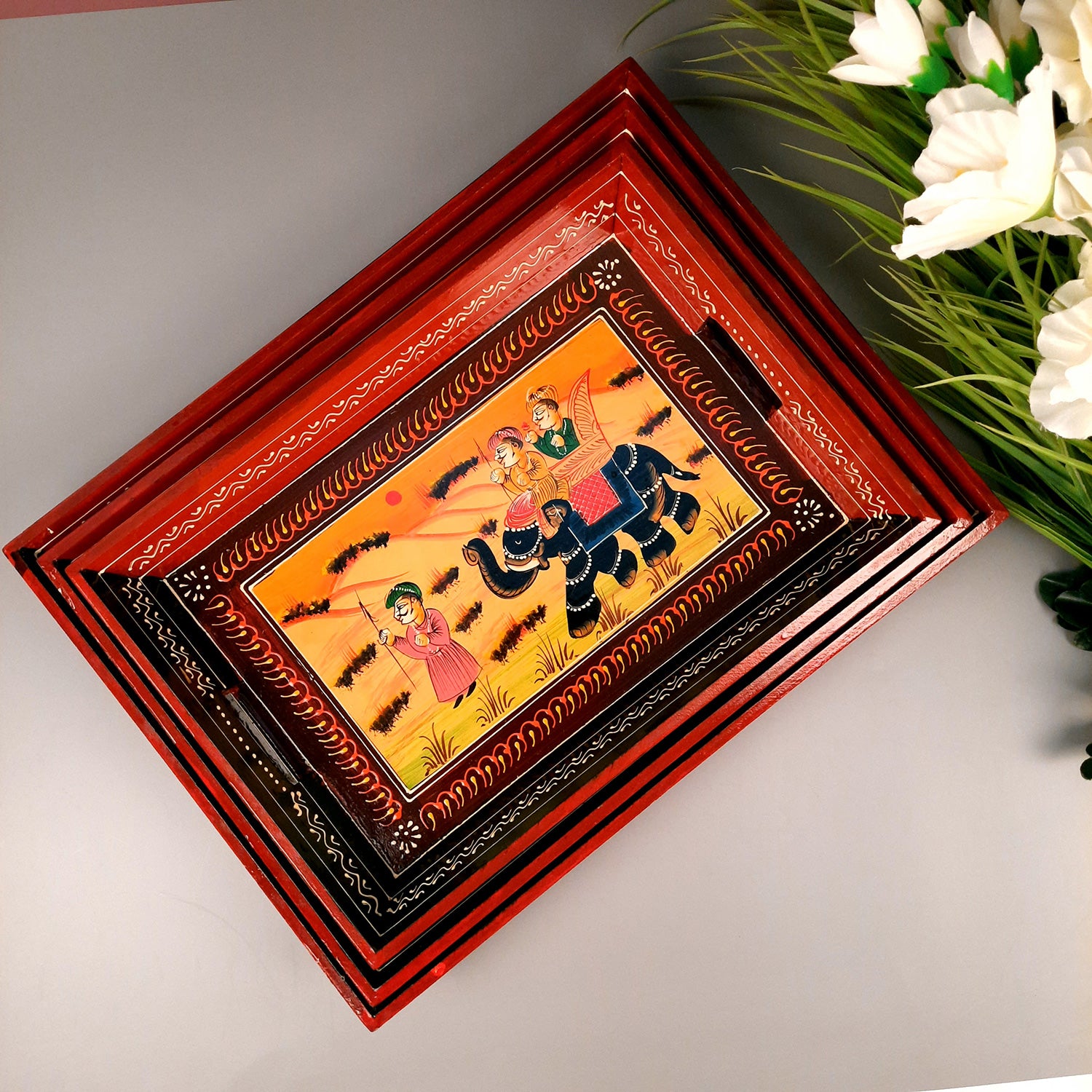 Serving Tray Set | Wooden Tea Tray | Serving Platter - For Dining & Serving, Home, Table, Kitchen Decor - Set of 3 - Apkamart