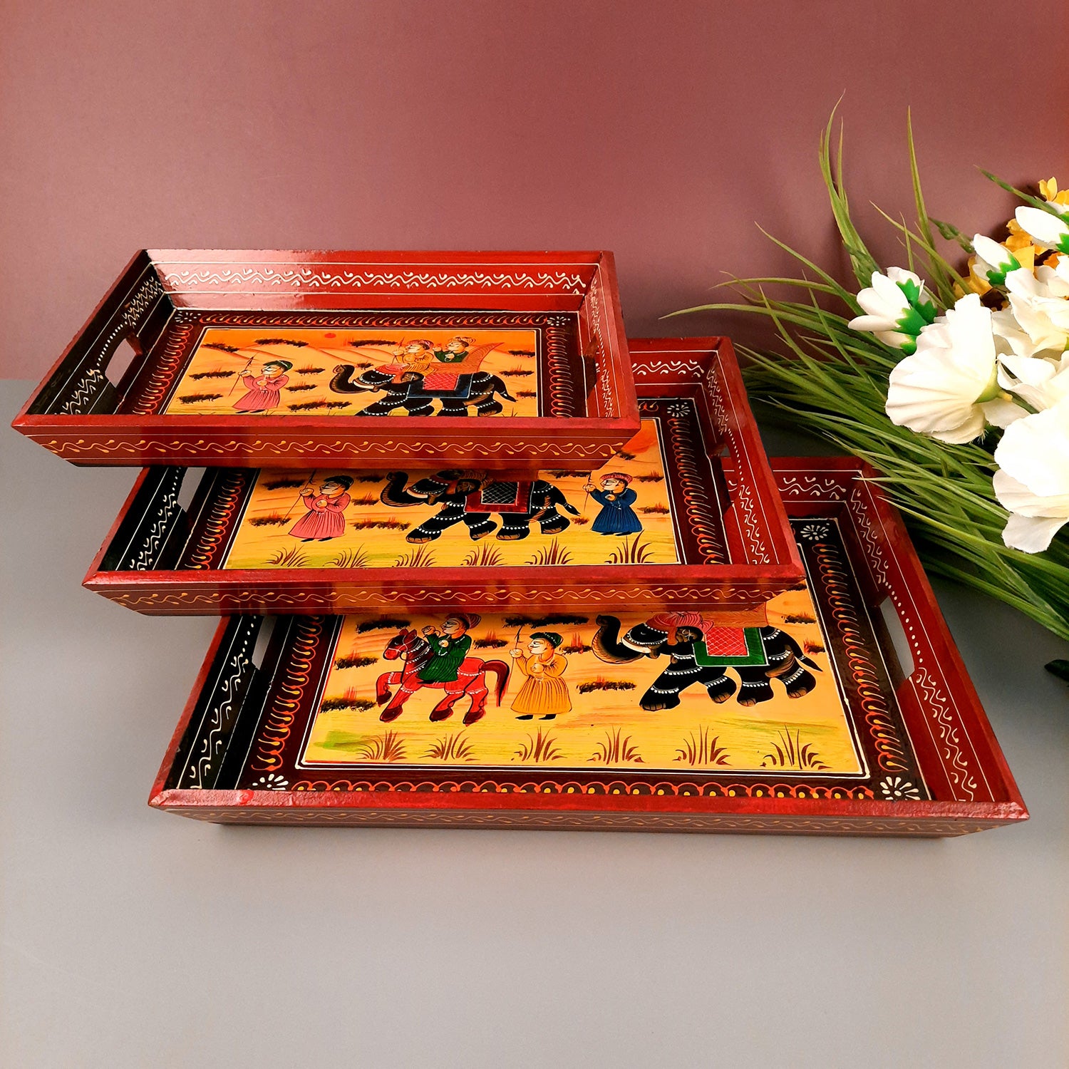 Serving Tray Set | Wooden Tea Tray | Serving Platter - For Dining & Serving, Home, Table, Kitchen Decor - Set of 3 - Apkamart