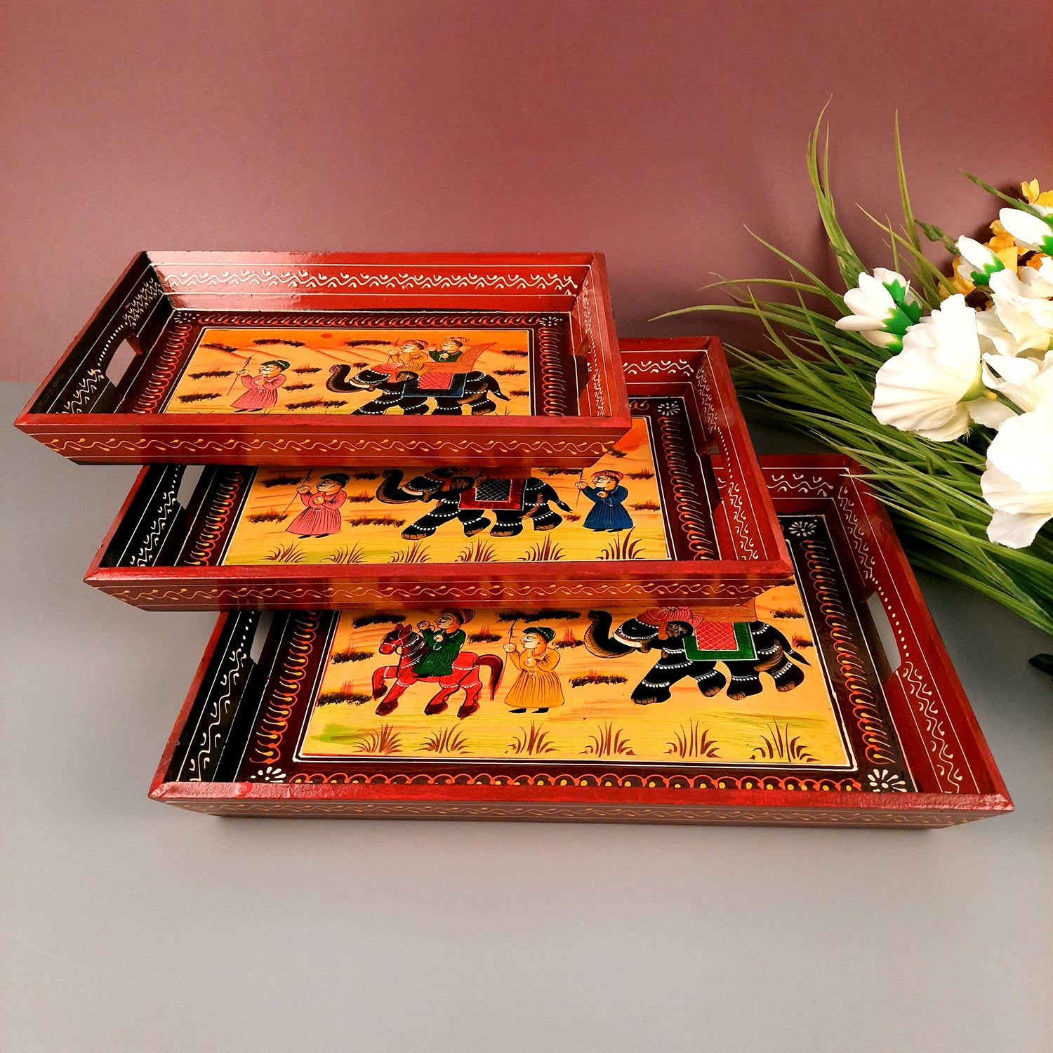 Serving Tray Set | Wooden Tea Tray | Serving Platter - For Dining & Serving, Home, Table, Kitchen Decor - Set of 3 - Apkamart