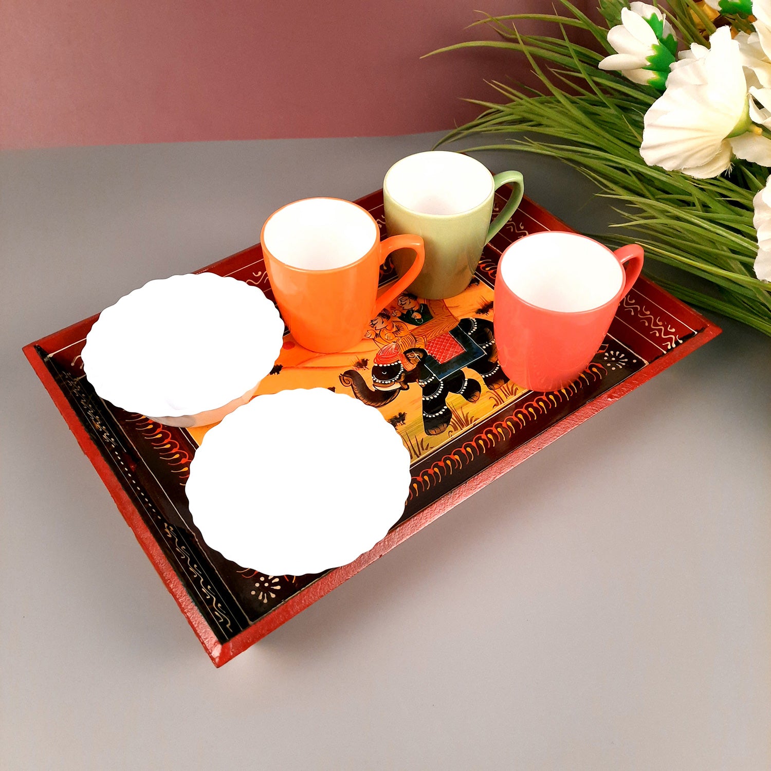 Serving Tray Set | Wooden Tea Tray | Serving Platter - For Dining & Serving, Home, Table, Kitchen Decor - Set of 3 - Apkamart