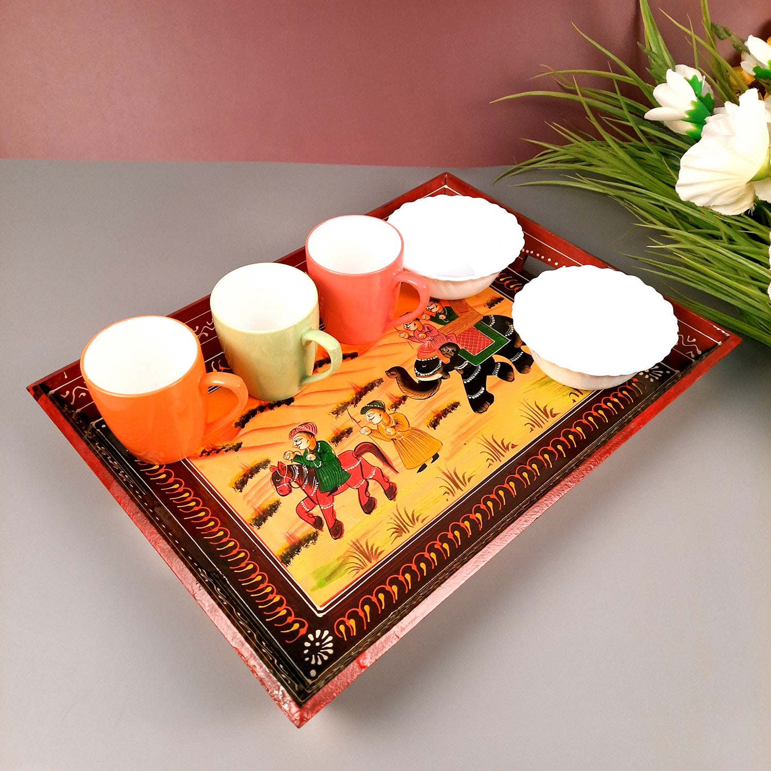 Serving Tray Set | Wooden Tea Tray | Serving Platter - For Dining & Serving, Home, Table, Kitchen Decor - Set of 3 - Apkamart