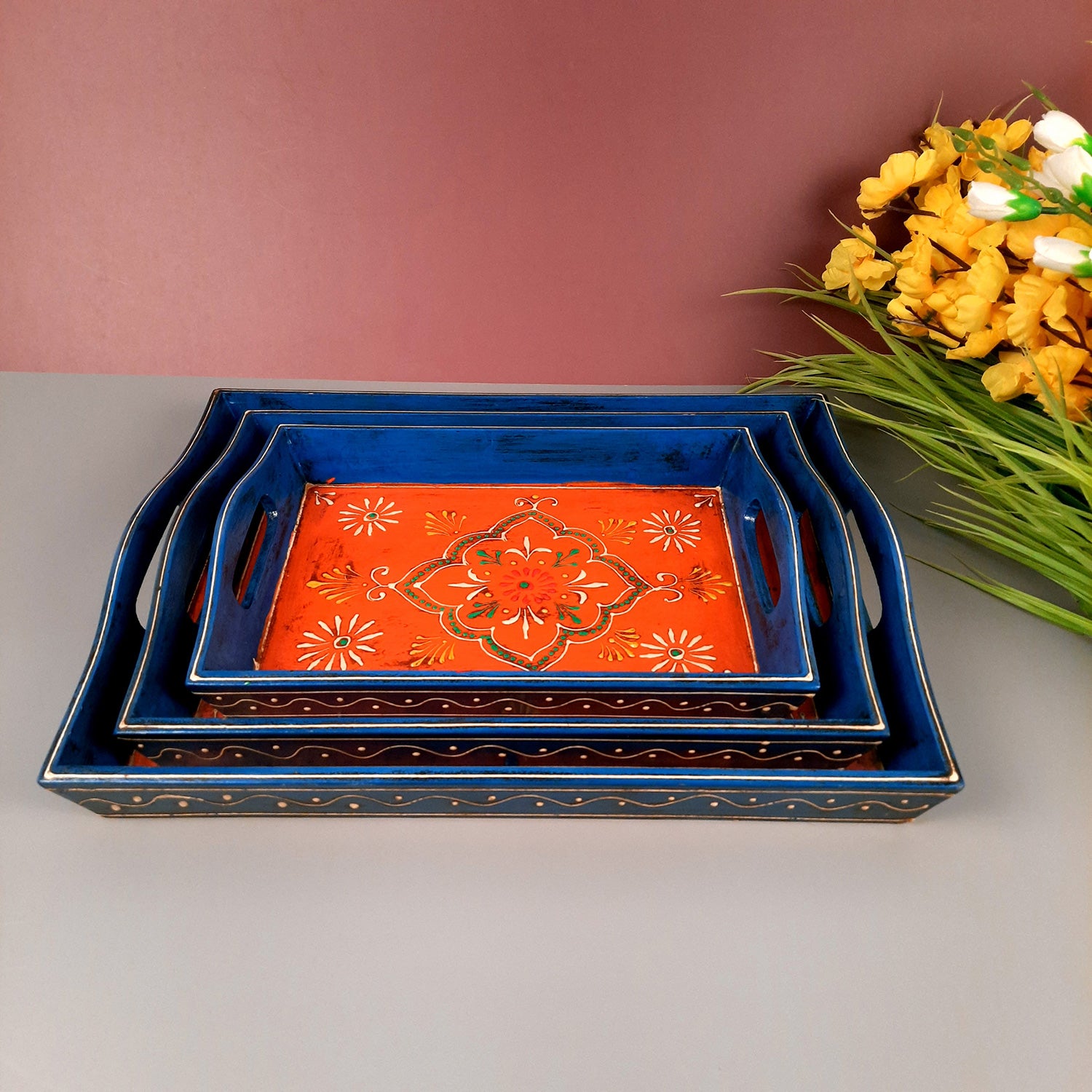 Wooden Tray Set | Serving Trays for Tea, Coffee & Snacks - for Home, Dining Table Organization, Kitchen & Gifts - Set of 3 (Wood, Multicolor) - Apkamart #Style_Design 2