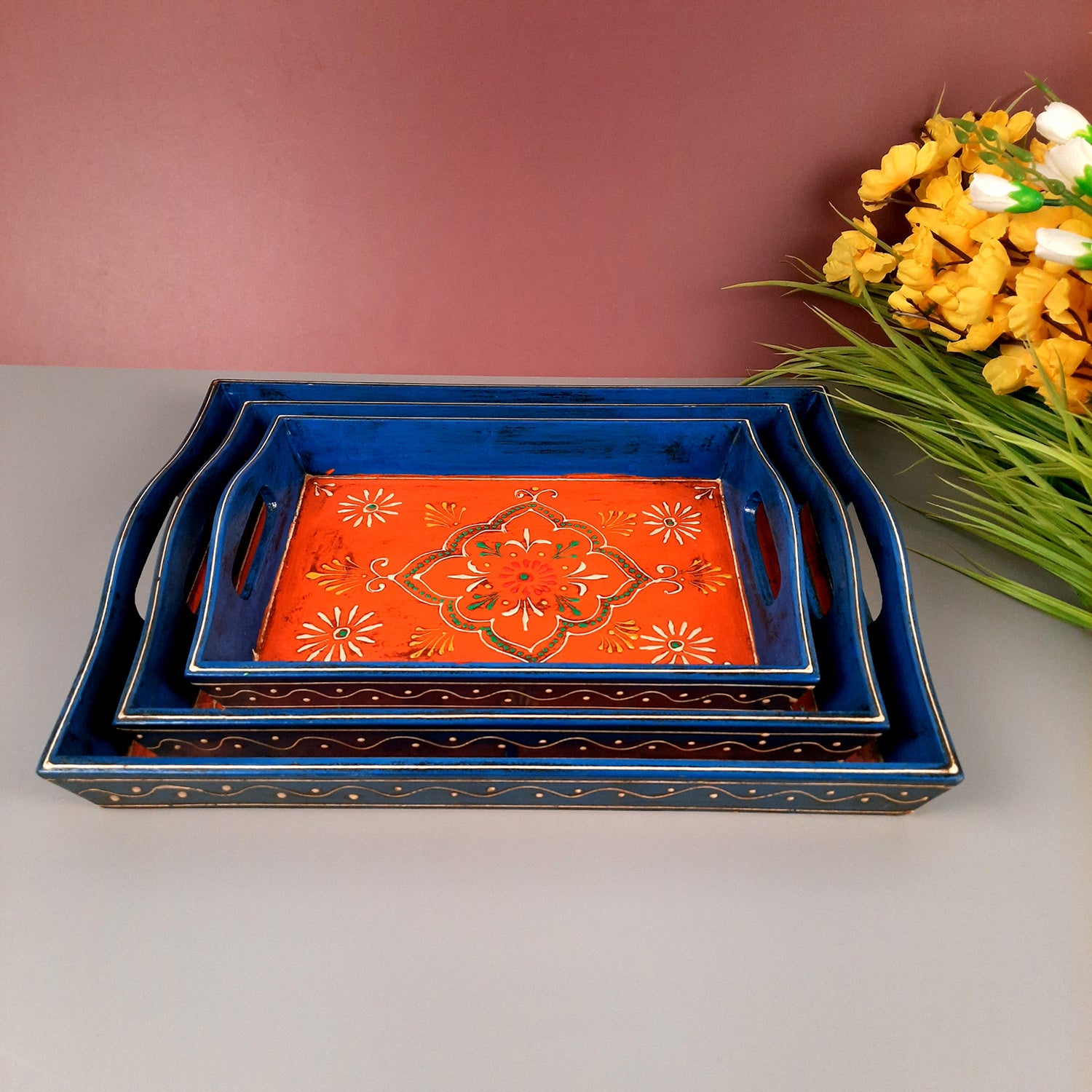 Wooden Tray Set | Serving Trays for Tea, Coffee & Snacks - for Home, Dining Table Organization, Kitchen & Gifts - Set of 3 (Wood, Multicolor) - Apkamart #Style_Design 2