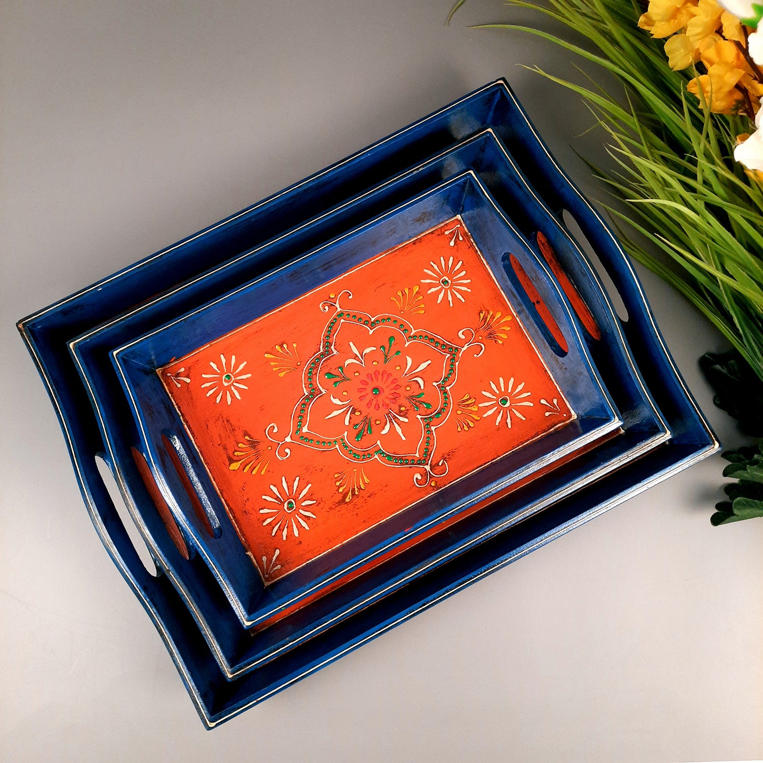 Wooden Tray Set | Serving Trays for Tea, Coffee & Snacks - for Home, Dining Table Organization, Kitchen & Gifts - Set of 3 (Wood, Multicolor) - Apkamart #Style_Design 2