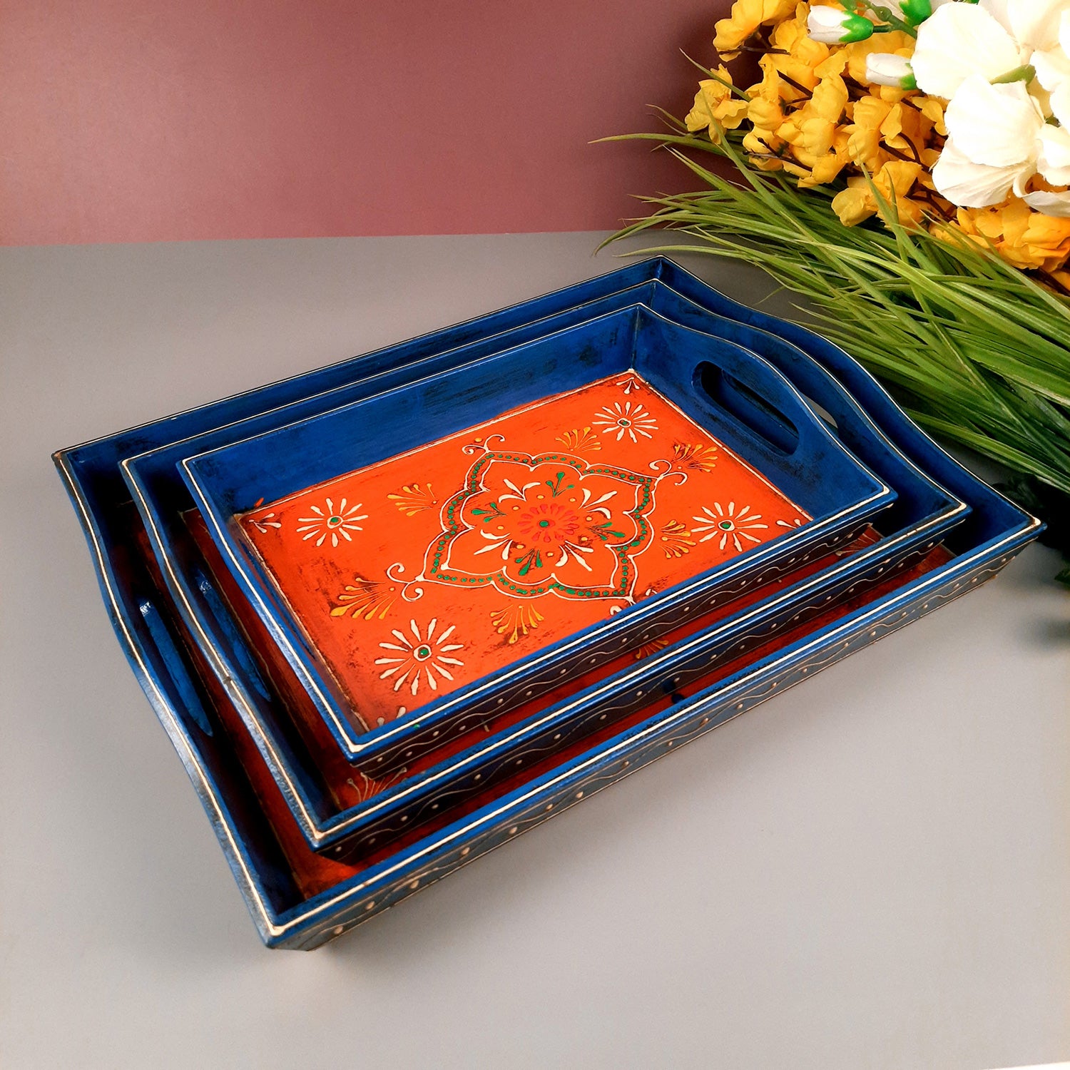 Wooden Tray Set | Serving Trays for Tea, Coffee & Snacks - for Home, Dining Table Organization, Kitchen & Gifts - Set of 3 (Wood, Multicolor) - Apkamart #Style_Design 2