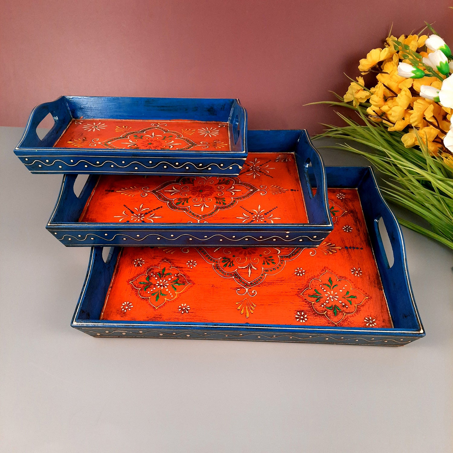 Wooden Tray Set | Serving Trays for Tea, Coffee & Snacks - for Home, Dining Table Organization, Kitchen & Gifts - Set of 3 (Wood, Multicolor) - Apkamart #Style_Design 2