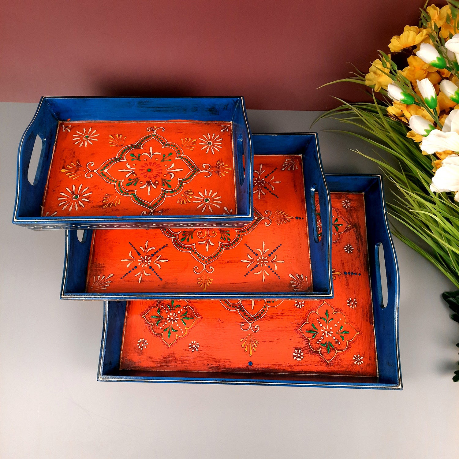 Wooden Tray Set | Serving Trays for Tea, Coffee & Snacks - for Home, Dining Table Organization, Kitchen & Gifts - Set of 3 (Wood, Multicolor) - Apkamart #Style_Design 2