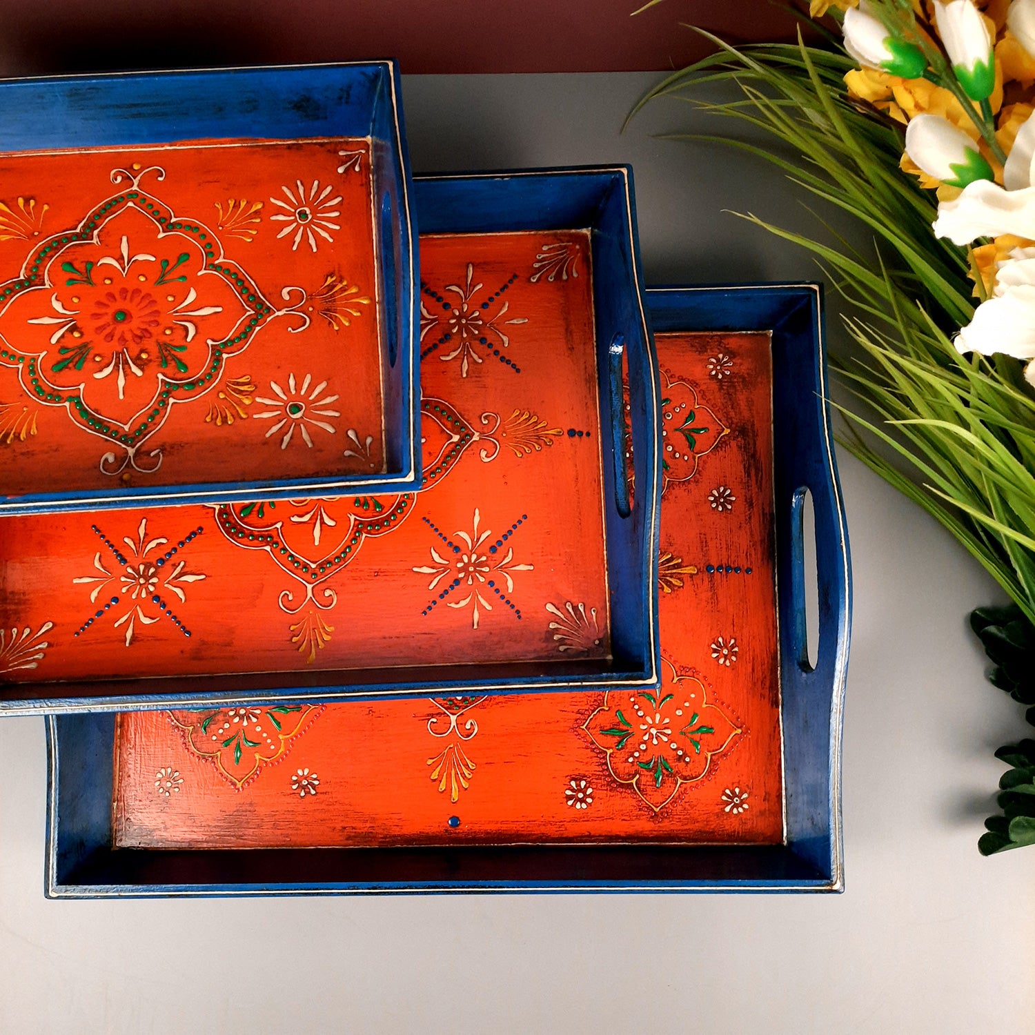 Wooden Tray Set | Serving Trays for Tea, Coffee & Snacks - for Home, Dining Table Organization, Kitchen & Gifts - Set of 3 (Wood, Multicolor) - Apkamart #Style_Design 2