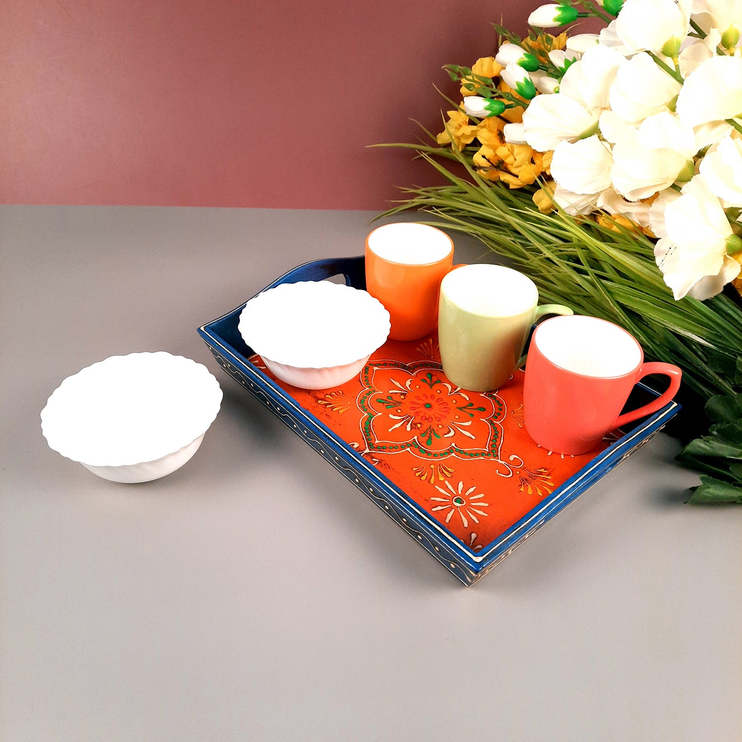 Wooden Tray Set | Serving Trays for Tea, Coffee & Snacks - for Home, Dining Table Organization, Kitchen & Gifts - Set of 3 (Wood, Multicolor) - Apkamart #Style_Design 2
