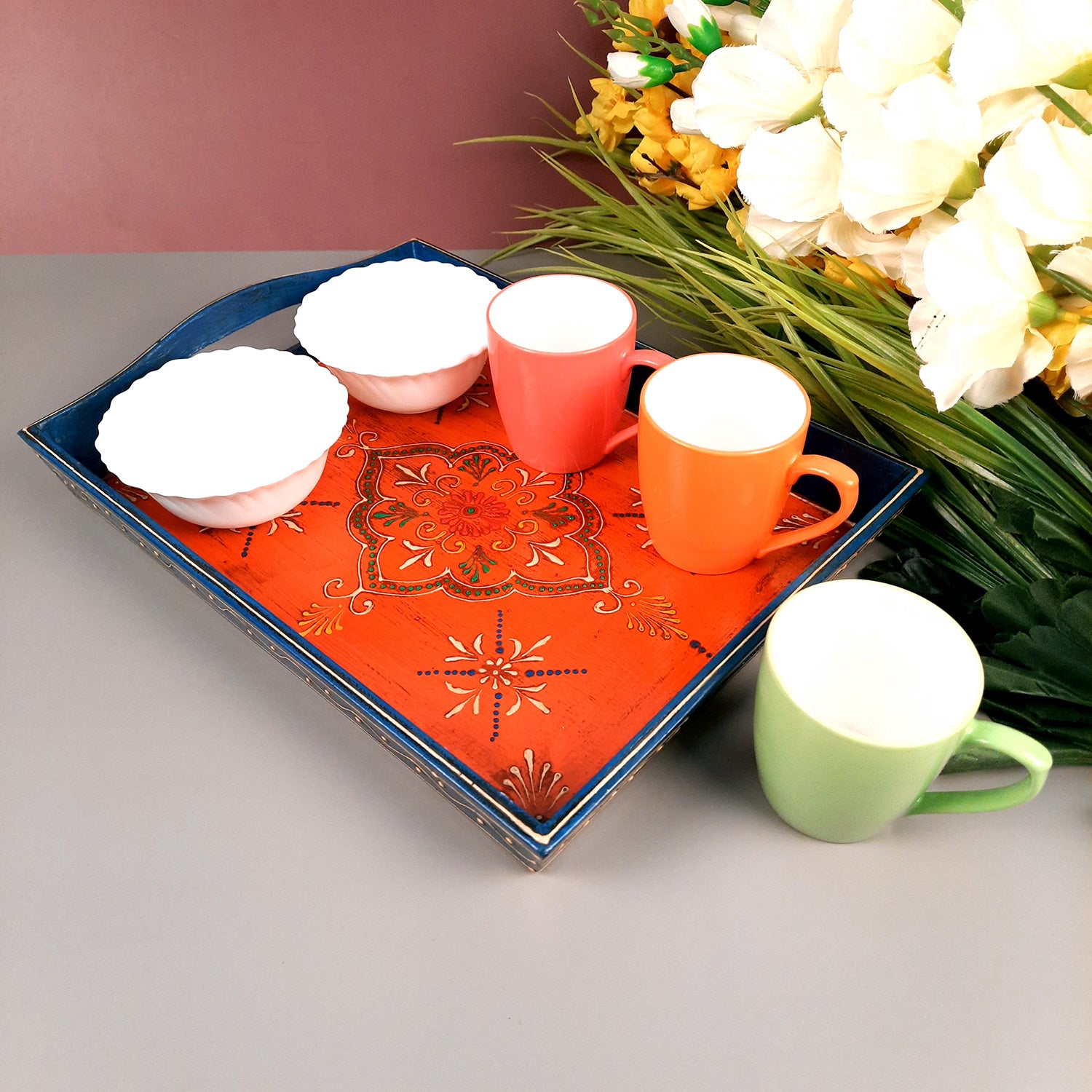 Wooden Tray Set | Serving Trays for Tea, Coffee & Snacks - for Home, Dining Table Organization, Kitchen & Gifts - Set of 3 (Wood, Multicolor) - Apkamart #Style_Design 2
