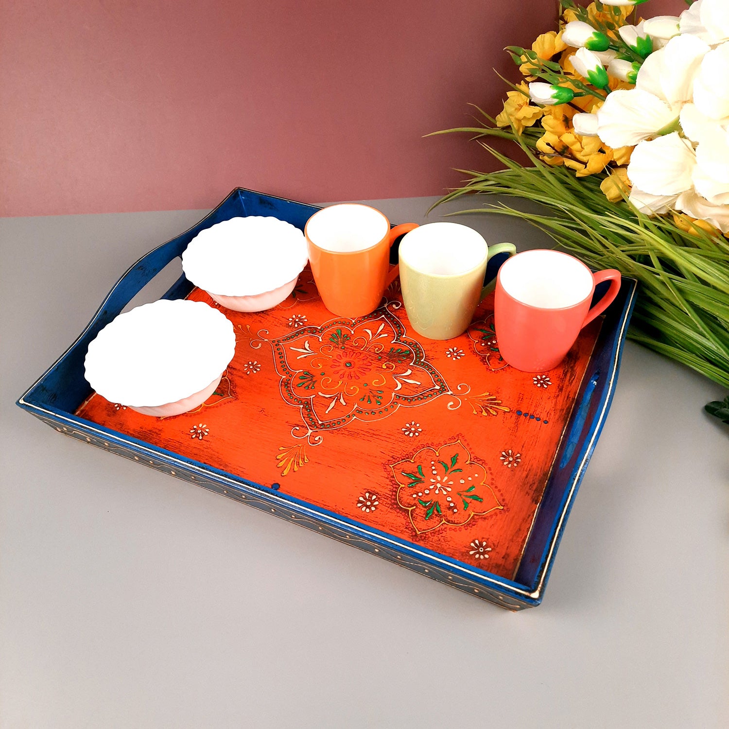 Wooden Tray Set | Serving Trays for Tea, Coffee & Snacks - for Home, Dining Table Organization, Kitchen & Gifts - Set of 3 (Wood, Multicolor) - Apkamart #Style_Design 2