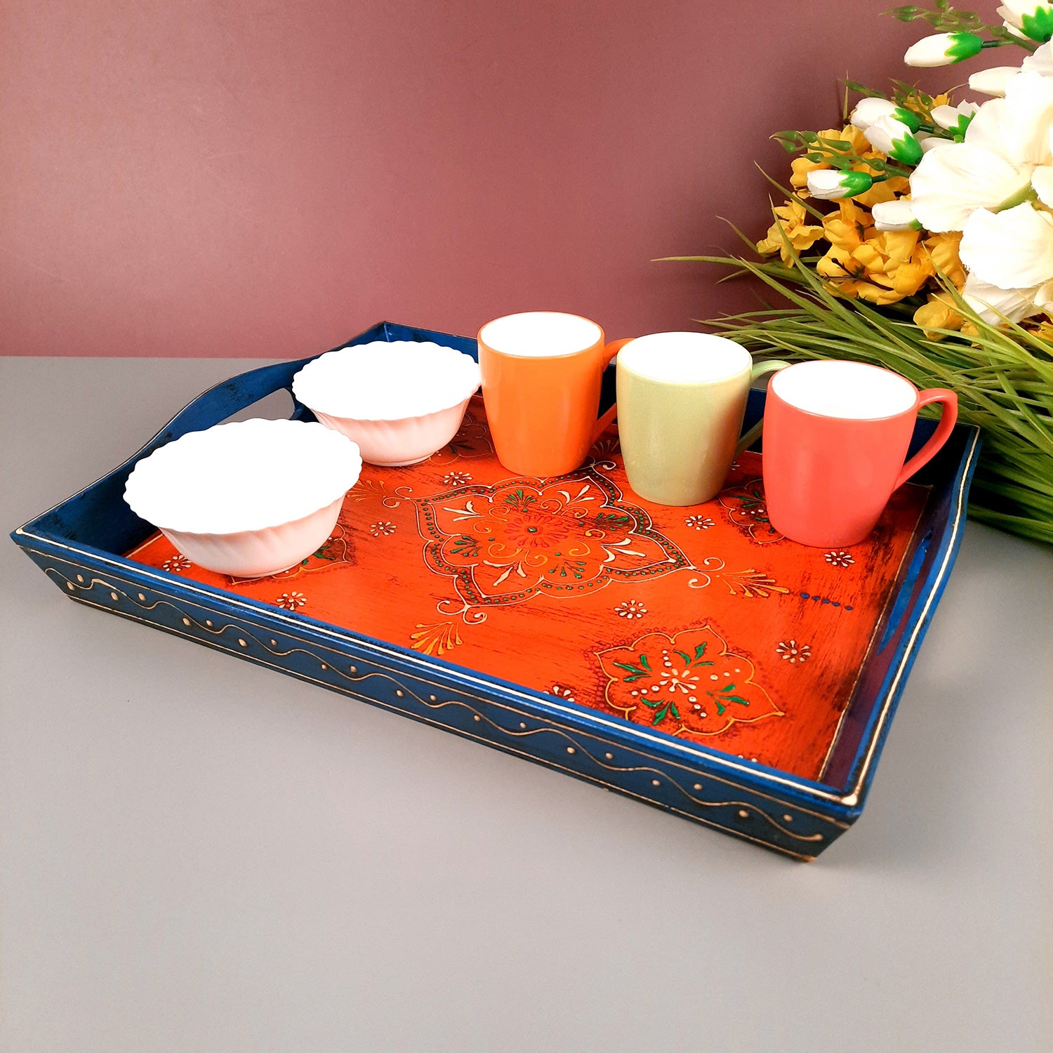 Wooden Tray Set | Serving Trays for Tea, Coffee & Snacks - for Home, Dining Table Organization, Kitchen & Gifts - Set of 3 (Wood, Multicolor) - Apkamart #Style_Design 2