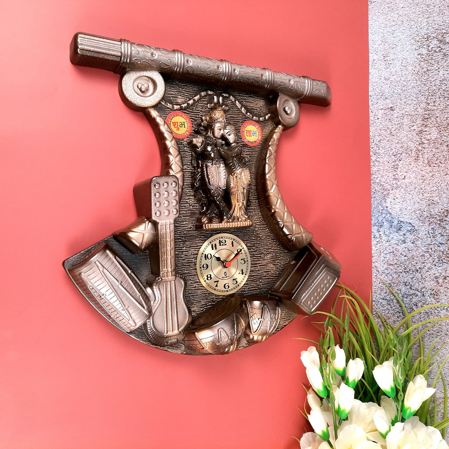 Wall Clock with Radha Krishna Statue | Diwal Ghadi Clock Wall Mount - for Home, Living Room, Bedroom, Office & Hall Decoration | Wedding & Housewarming Gift - 14 Inch