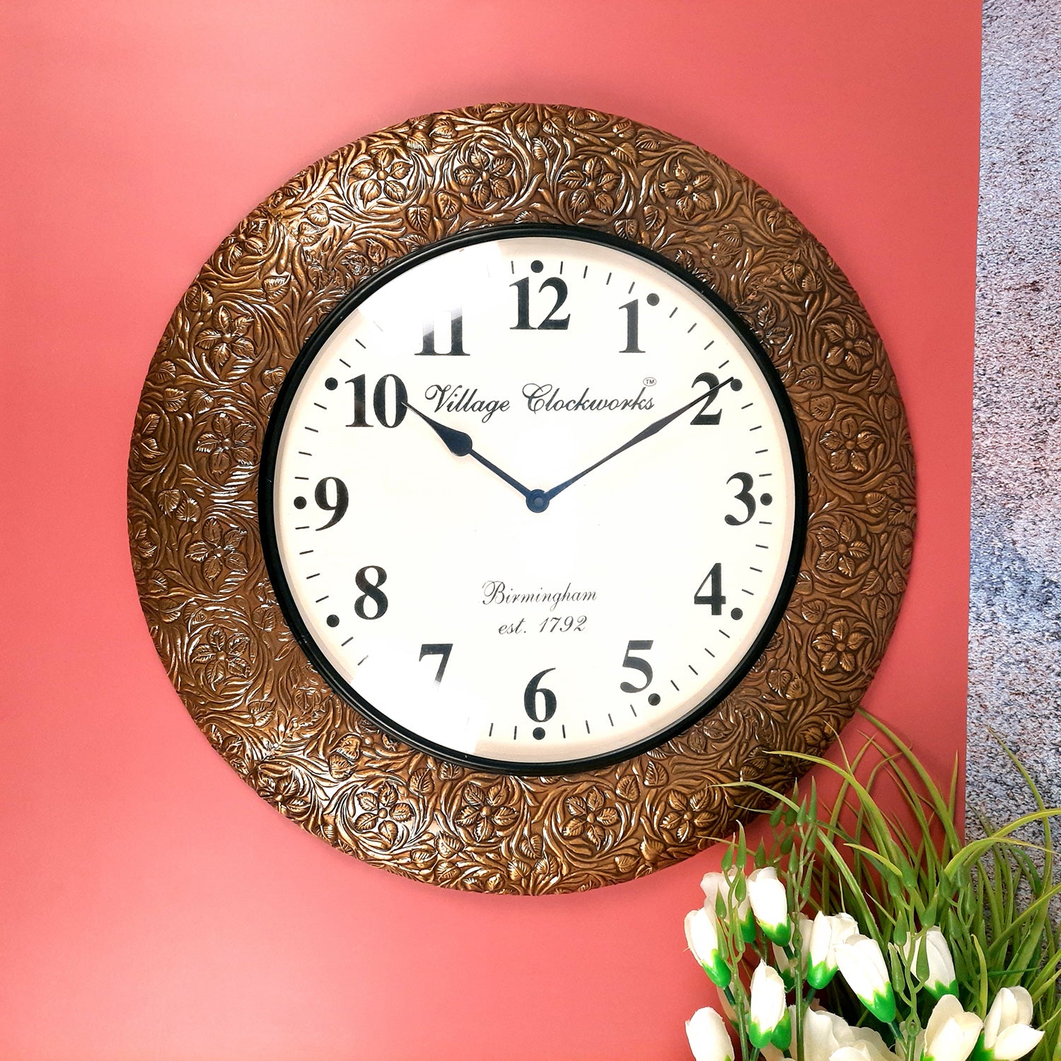 Wall Clock Wooden | Hanging Analog Clock With Antique Brass Work - For Home, Living Room, Bedroom, Office & Hall Decoration | Wedding & Housewarming Gift -18 Inches - Apkamart