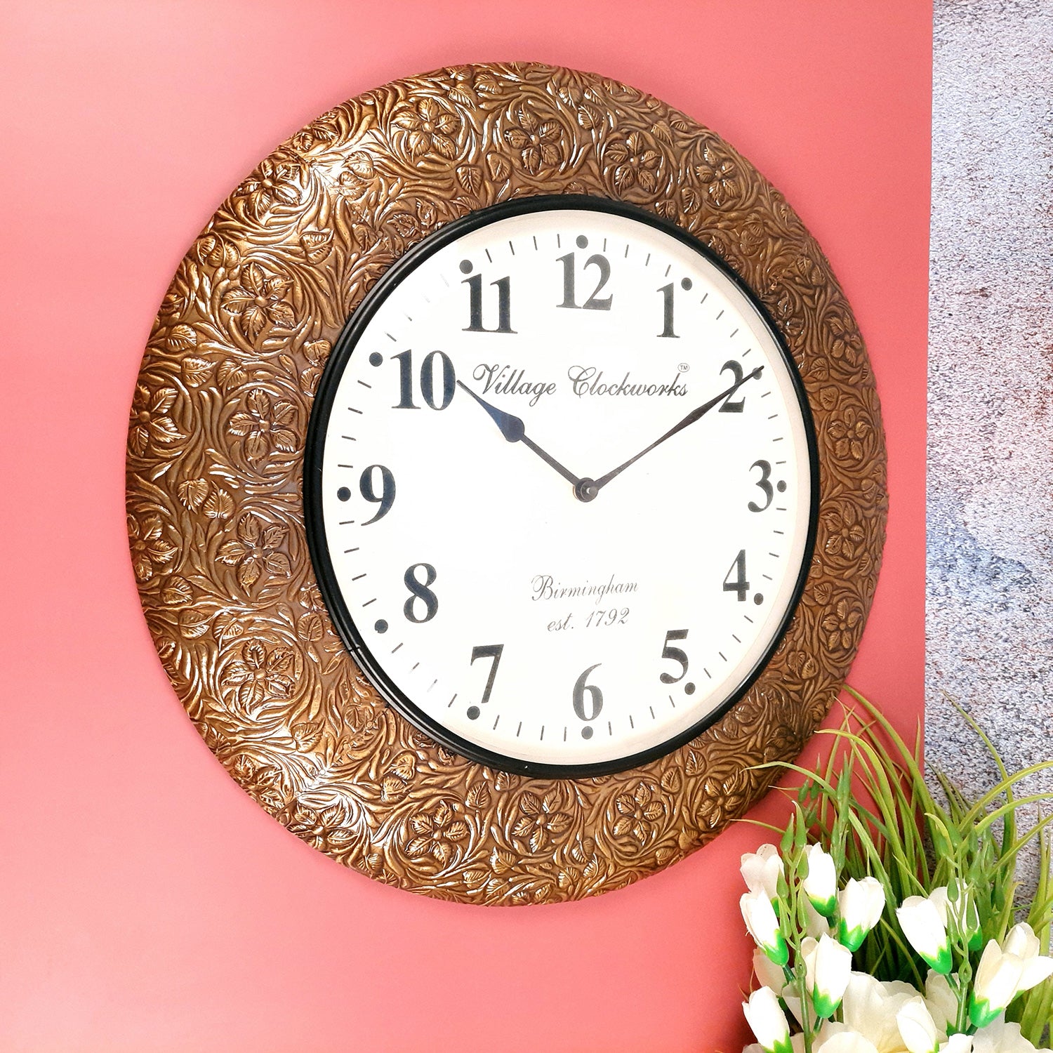 Wall Clock Wooden | Hanging Analog Clock With Antique Brass Work - For Home, Living Room, Bedroom, Office & Hall Decoration | Wedding & Housewarming Gift -18 Inches - Apkamart