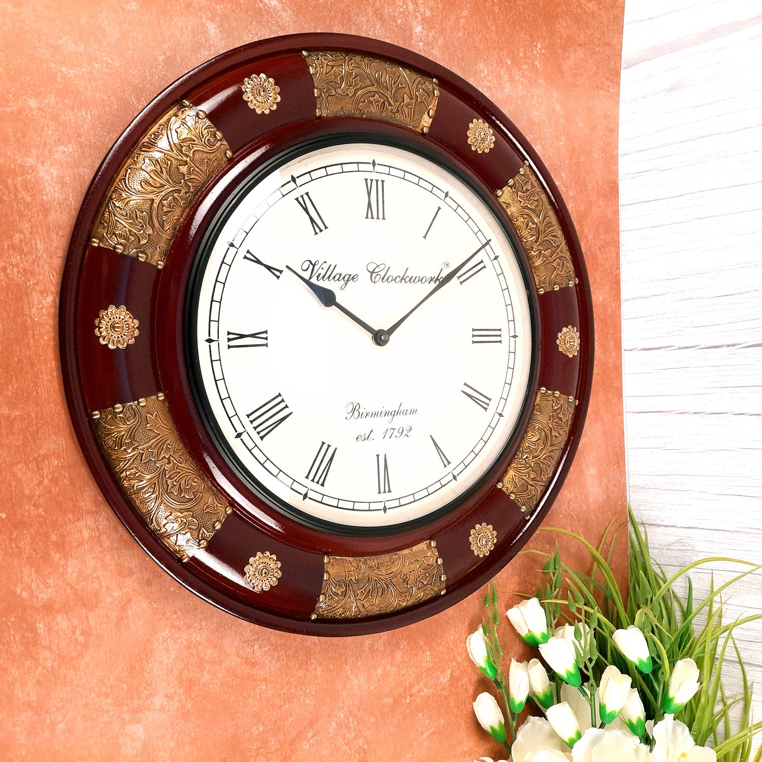 Wall Clock Wooden | Wall Mount Analog Clock With Premium Wood Finish & Brass Work - For Home, Living Room, Bedroom, Hall Decor | Wedding & Housewarming Gift - 18 Inch - Apkamart