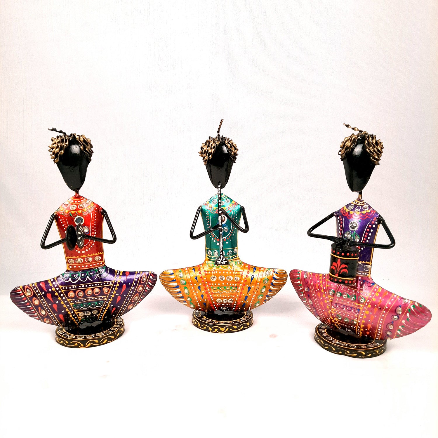 Showpiece Figurine - Rajasthani Musician Design | Decorative Show piece With Kundan Work - for Home, Bedroom, Living Room, Office Desk & Table Decor | Gifts For Wedding, Housewarming & Festivals -12 Inch (Set of 3) - Apkamart