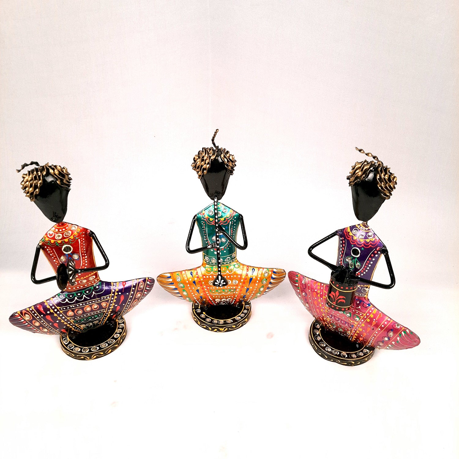 Showpiece Figurine - Rajasthani Musician Design | Decorative Show piece With Kundan Work - for Home, Bedroom, Living Room, Office Desk & Table Decor | Gifts For Wedding, Housewarming & Festivals -12 Inch (Set of 3) - Apkamart #Style_Design 2