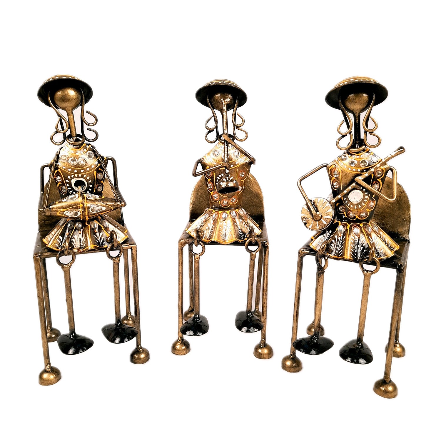 Figurine Showpiece - Musicians Sitting On Chair With Hanging Legs | Artifacts for Home, Table, Living Room, TV Unit & Bedroom Decor | Decorative Show piece for Office Desk & Gifts - 12 Inch (Set of 3) - Apkamart