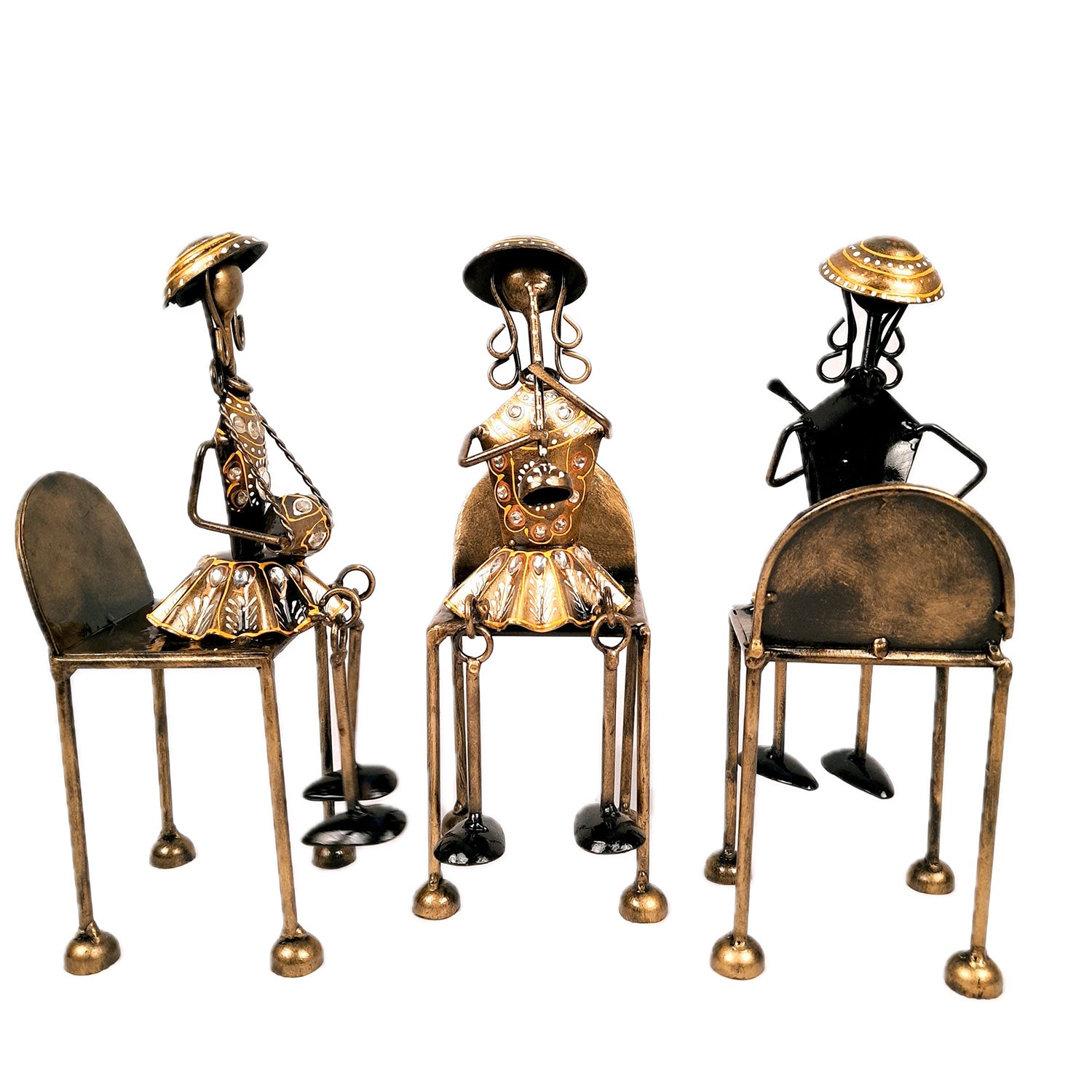 Figurine Showpiece - Musicians Sitting On Chair With Hanging Legs | Artifacts for Home, Table, Living Room, TV Unit & Bedroom Decor | Decorative Show piece for Office Desk & Gifts - 12 Inch (Set of 3) - Apkamart